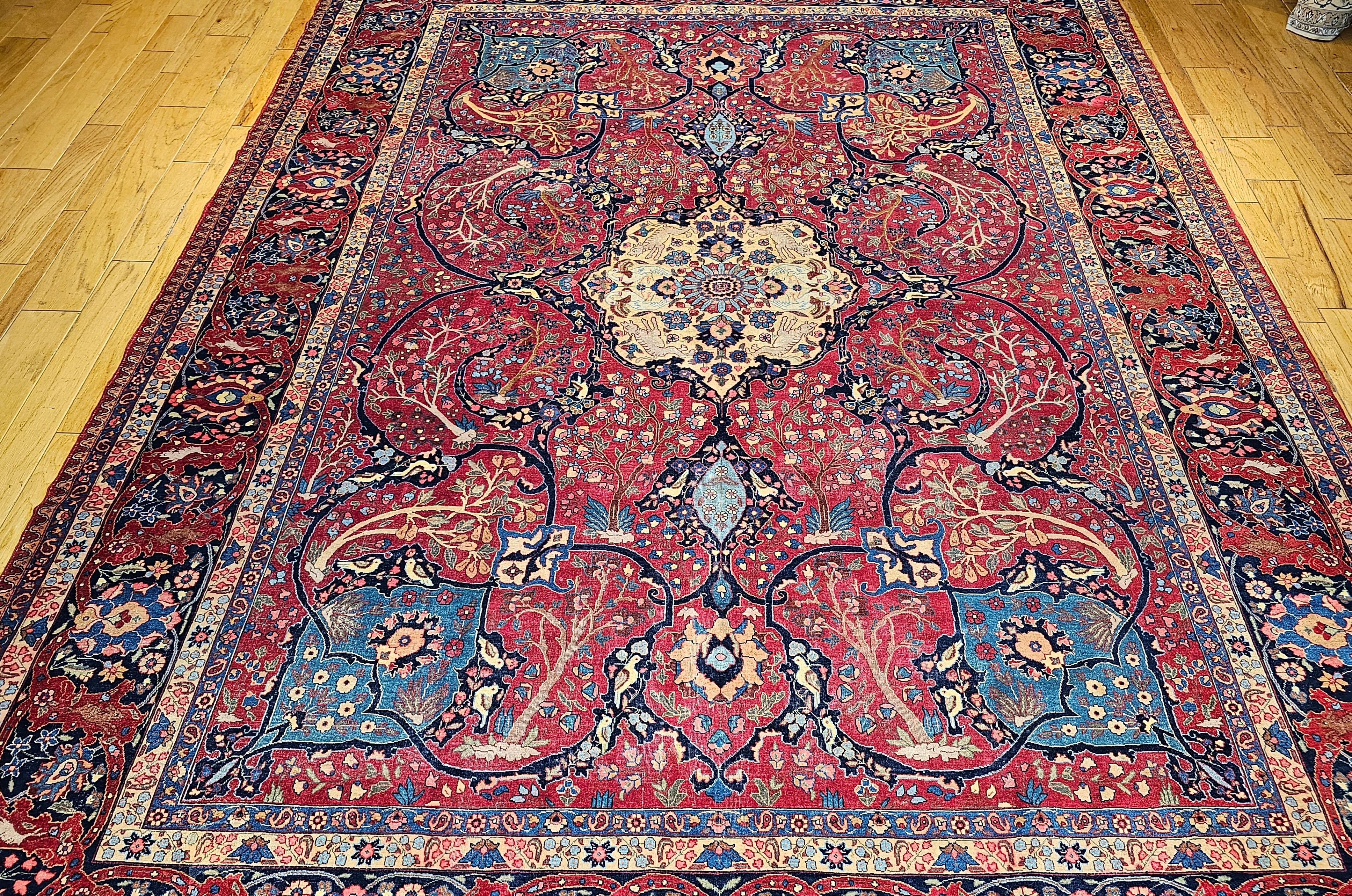 Perse Vintage Persian Tabriz in Garden Pattern in Crimson, Turquoise, Rouge, Bleu, Vert en vente