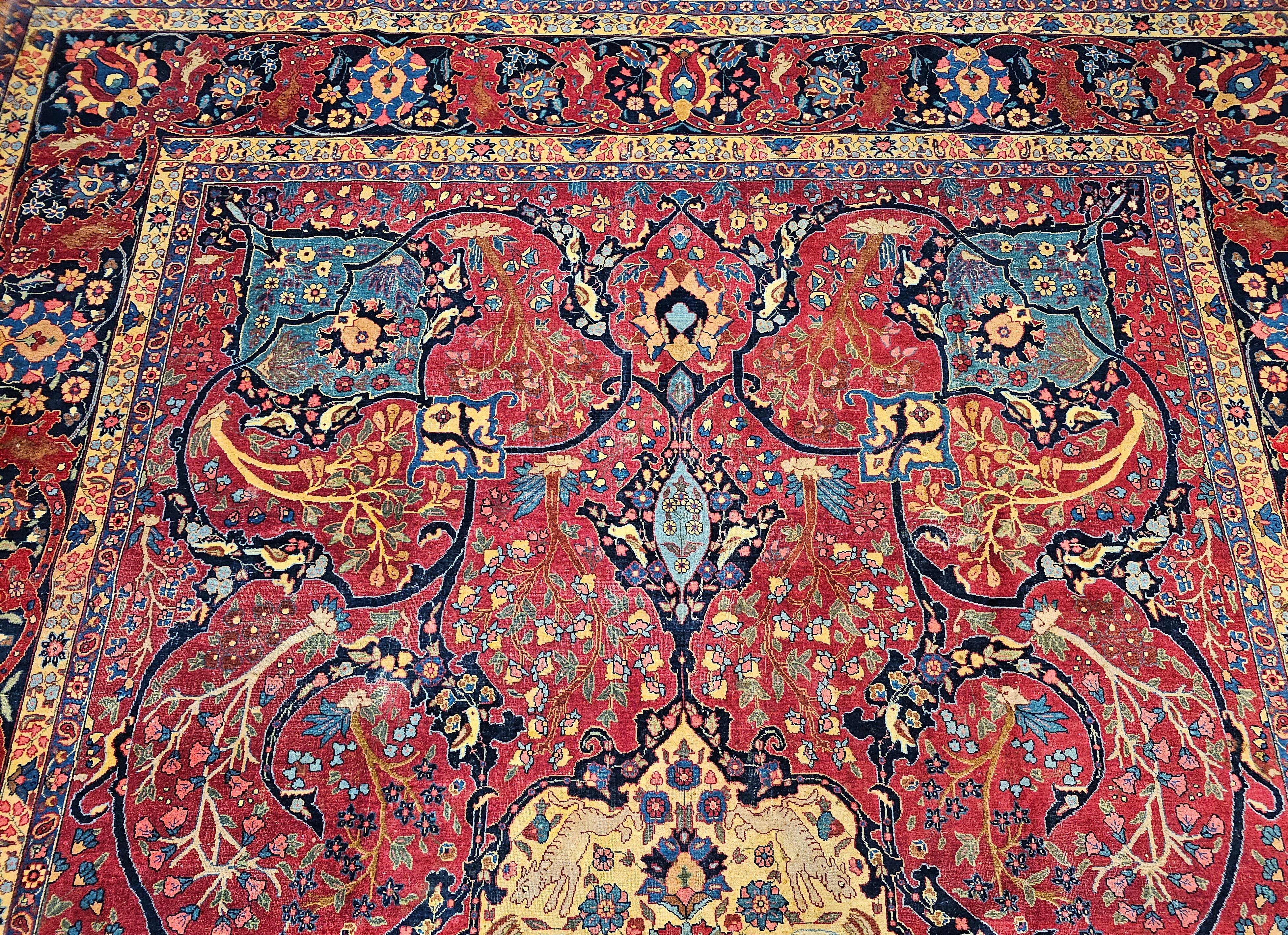 Tissé à la main Vintage Persian Tabriz in Garden Pattern in Crimson, Turquoise, Rouge, Bleu, Vert en vente
