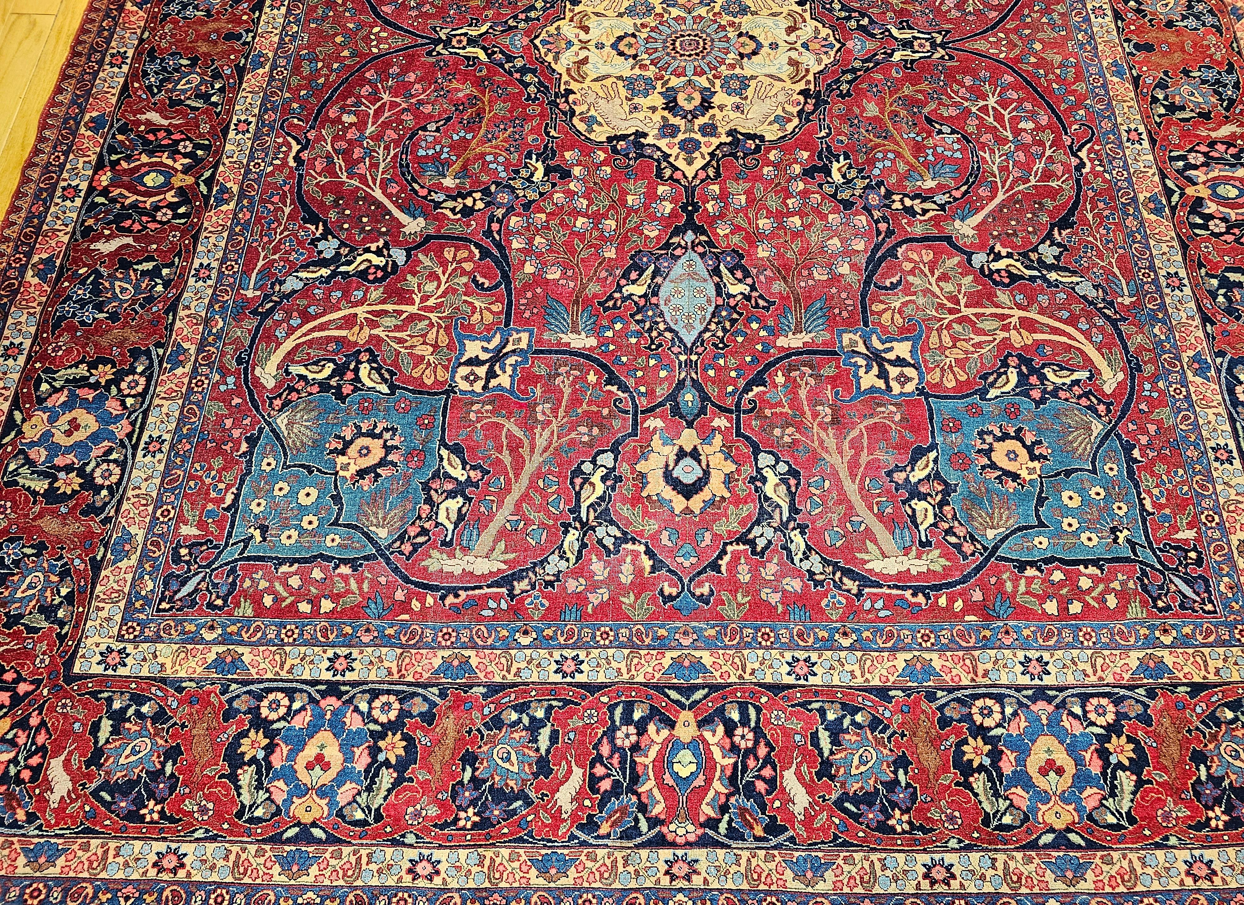 Wool Vintage Persian Tabriz in Garden Pattern in Crimson, Turquoise, Red, Blue, Green For Sale