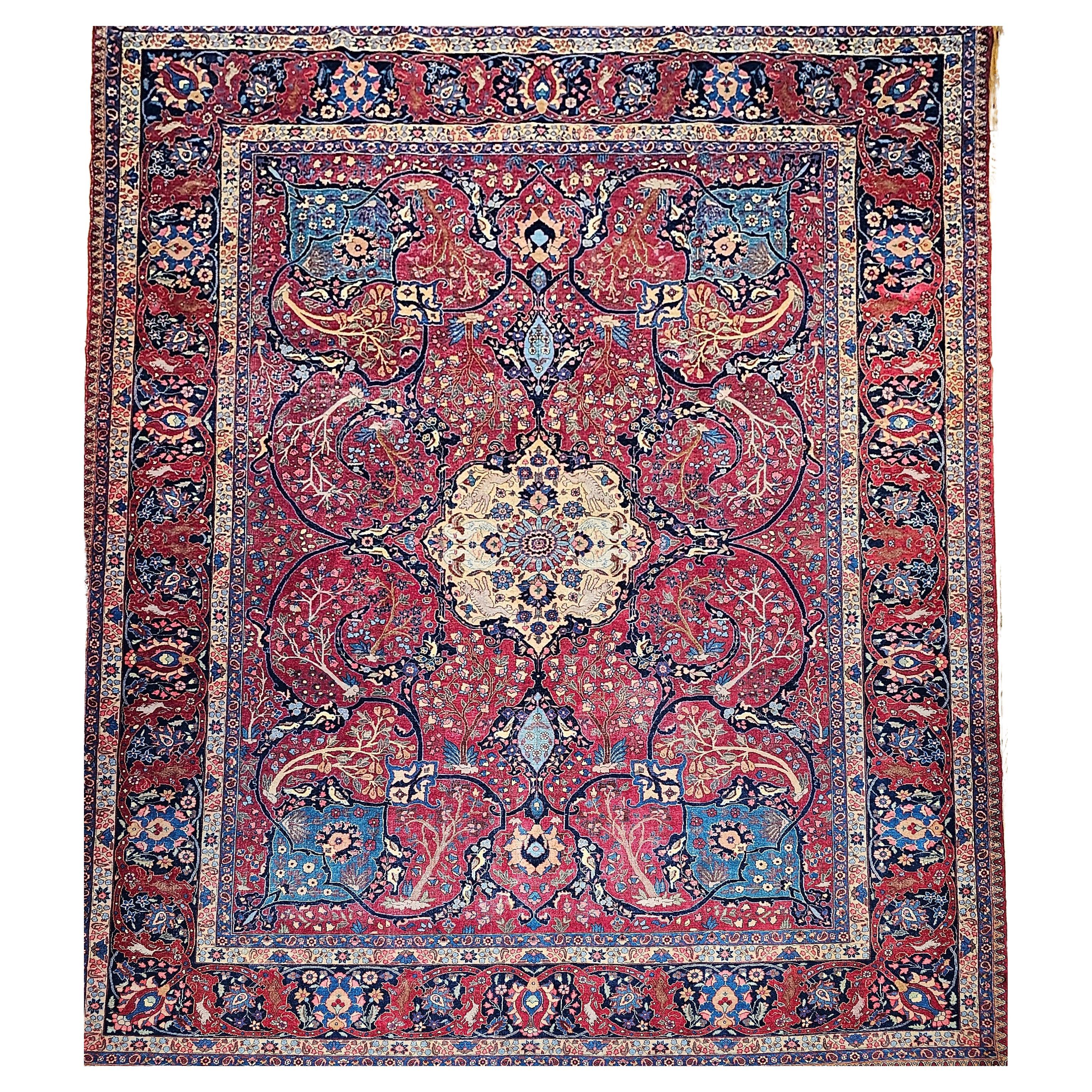 Vintage Persian Tabriz in Garden Pattern in Crimson, Turquoise, Rouge, Bleu, Vert en vente