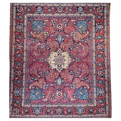 Vintage Persian Tabriz in Garden Pattern in Crimson, Turquoise, Rouge, Bleu, Vert