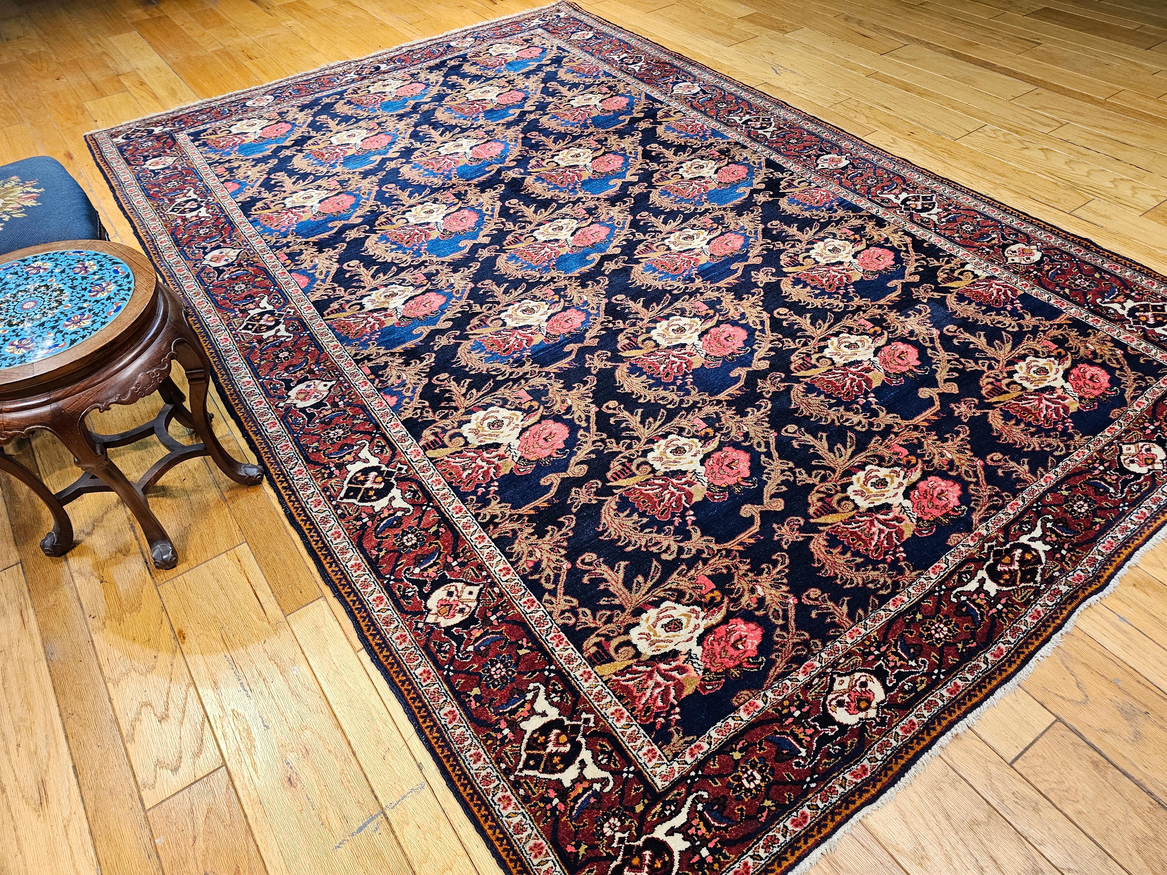 Vintage Persian Tabriz in Gol Farang Pattern in Navy Blue. Red, French Blue For Sale 6