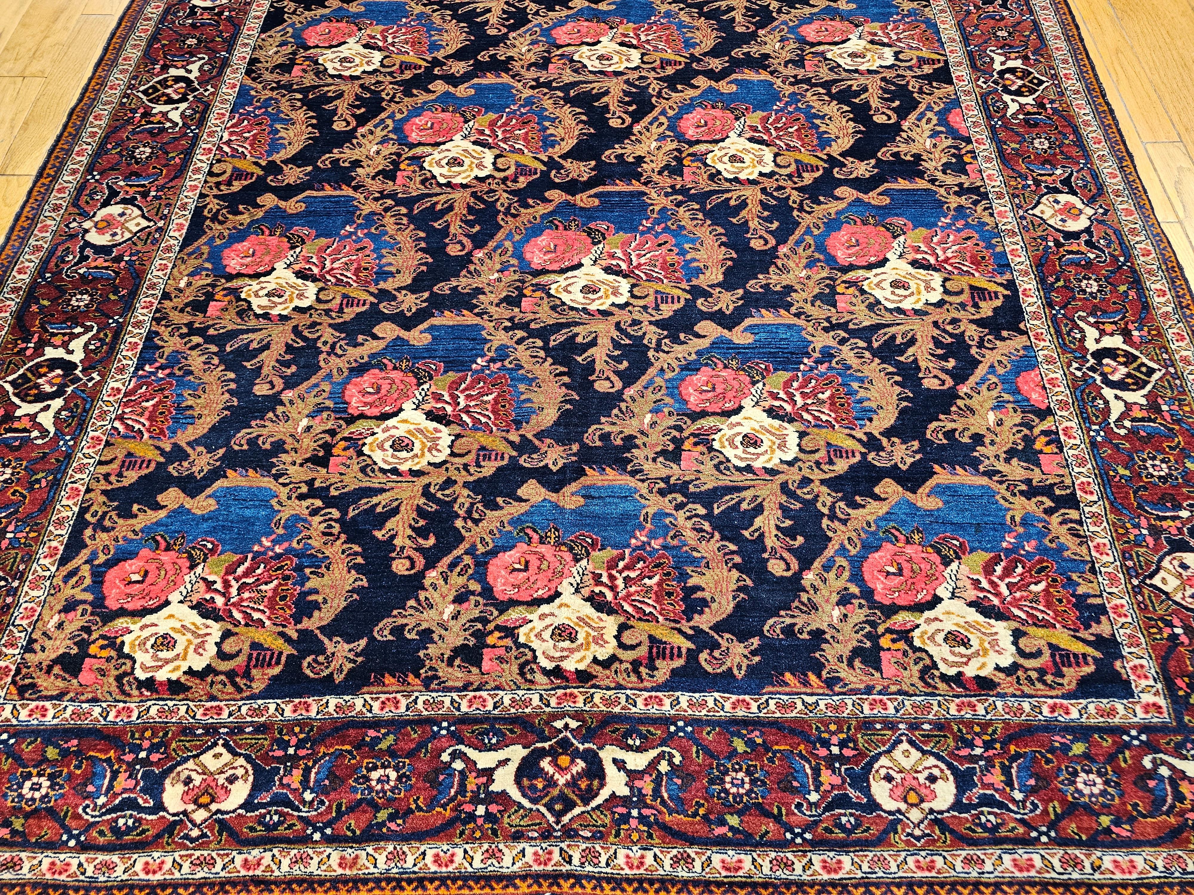 Vintage Persian Tabriz in Gol Farang Pattern in Navy Blue. Red, French Blue For Sale 1