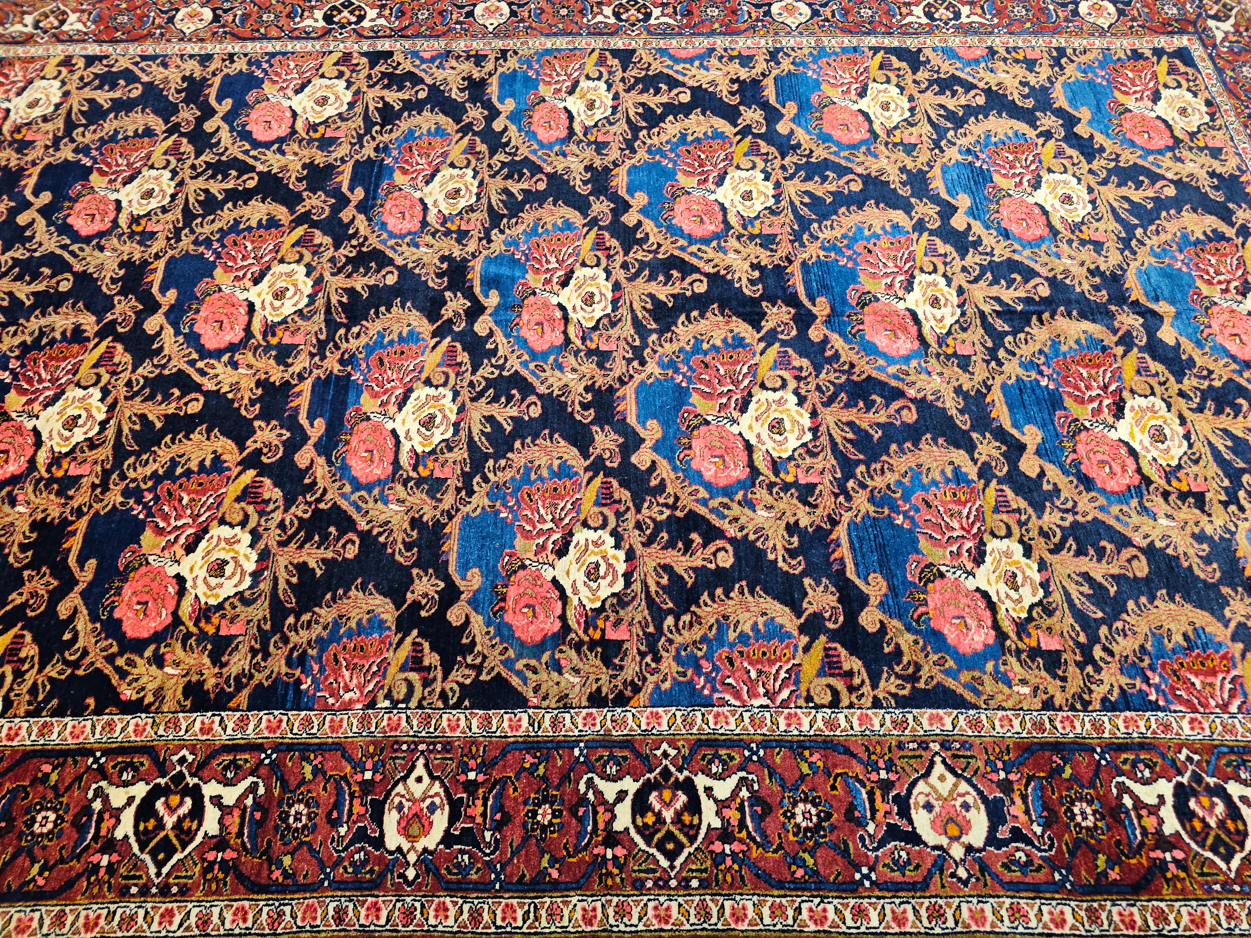 Vintage Persian Tabriz in Gol Farang Pattern in Navy Blue. Red, French Blue For Sale 2