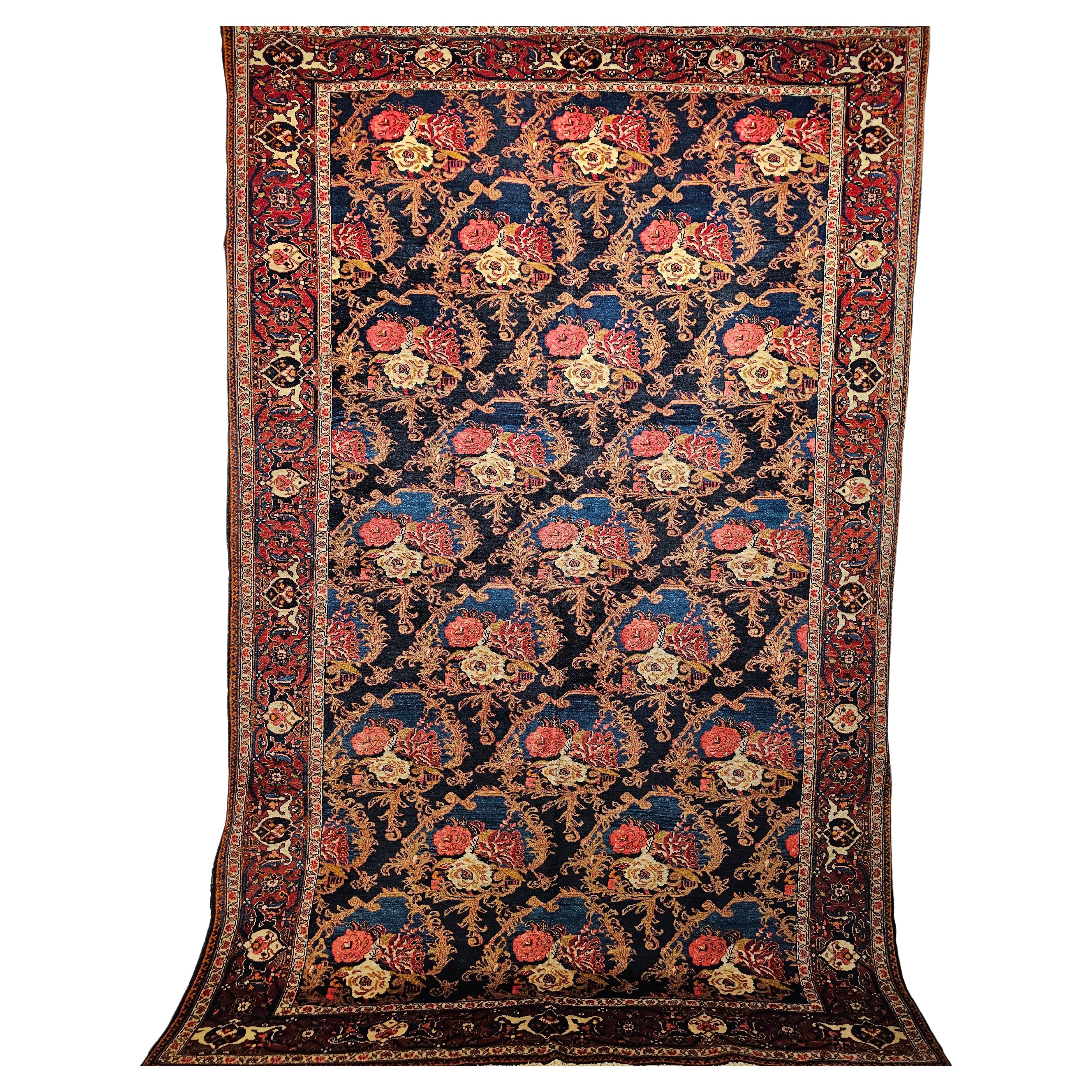 Vintage Persian Tabriz in Gol Farang Pattern in Navy Blue. Red, French Blue For Sale