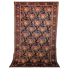 Retro Persian Tabriz in Gol Farang Pattern in Navy Blue. Red, French Blue