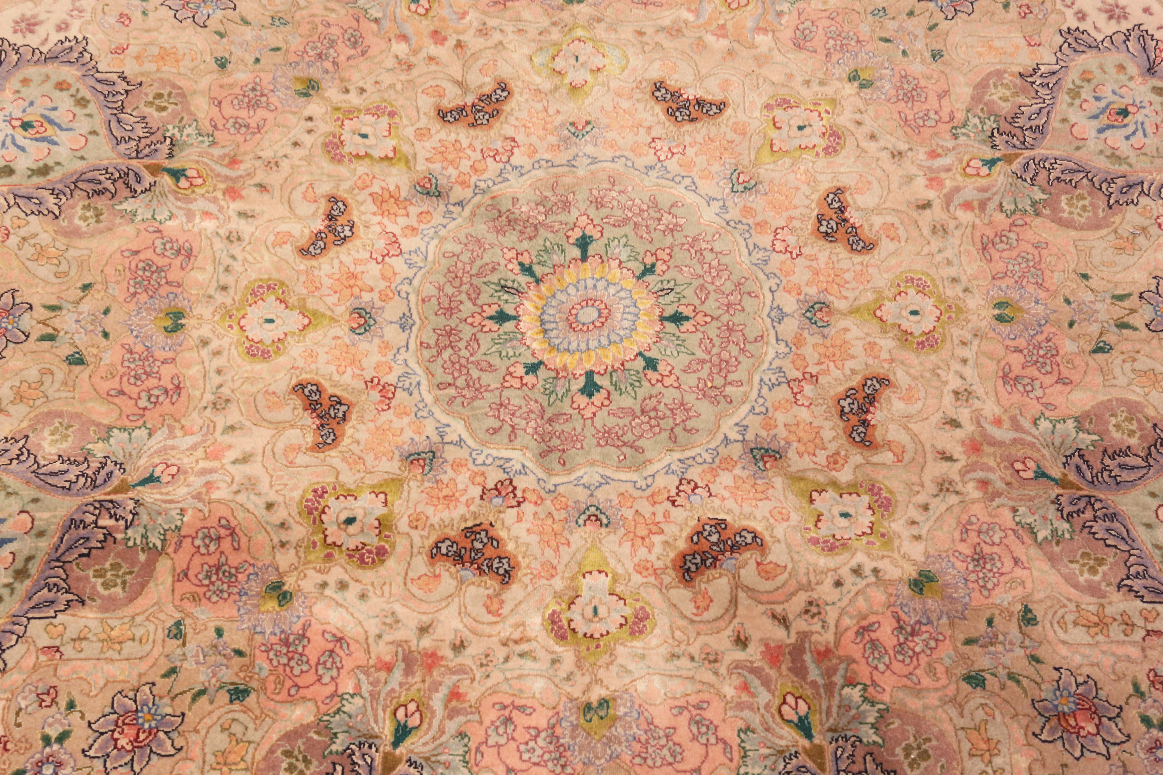 Hand-Knotted Vintage Persian Tabriz Large Silk And Wool Rug. Size: 11 ft 2 in x 16 ft 4 in