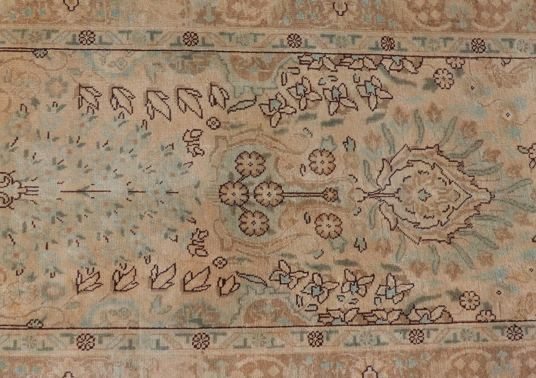 Hand-Knotted Vintage Persian Tabriz Long Runner in Taupe, Tan, Camel & D. Blue Highlights For Sale