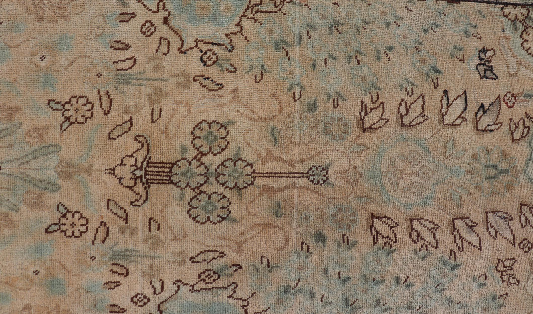 Vintage Persian Tabriz Long Runner in Taupe, Tan, Camel & D. Blue Highlights In Good Condition For Sale In Atlanta, GA
