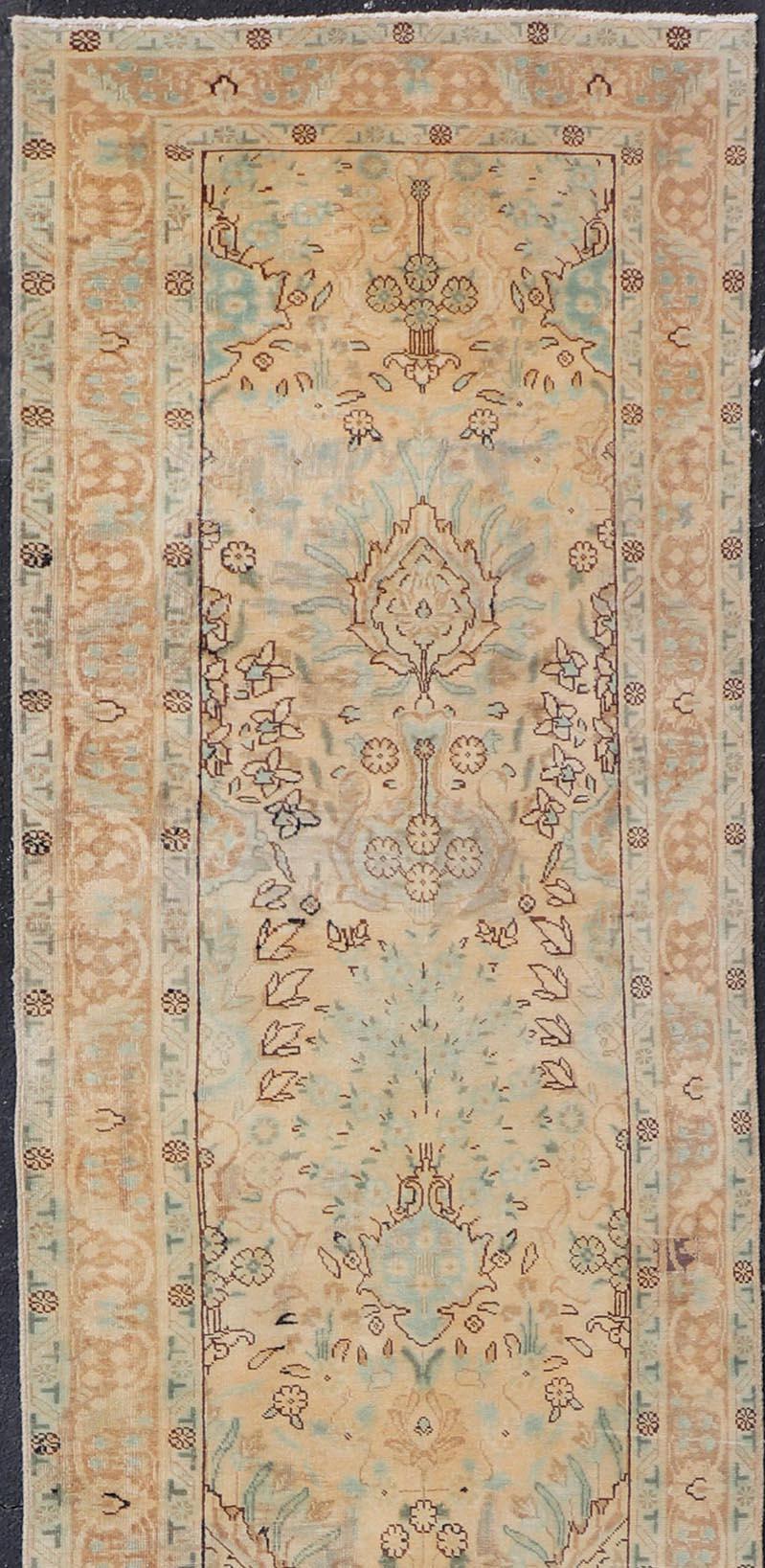 20th Century Vintage Persian Tabriz Long Runner in Taupe, Tan, Camel & D. Blue Highlights For Sale