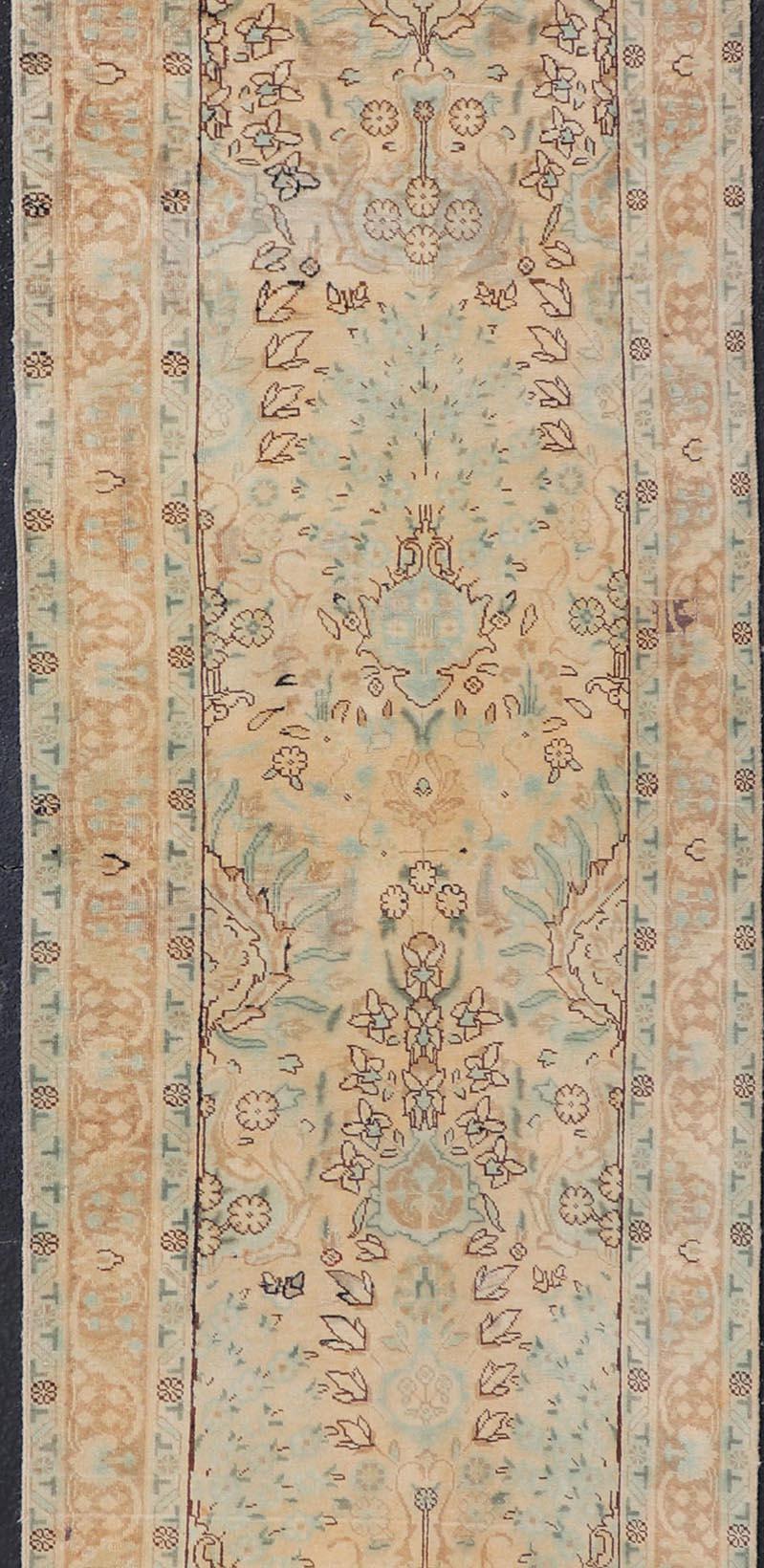 Wool Vintage Persian Tabriz Long Runner in Taupe, Tan, Camel & D. Blue Highlights For Sale