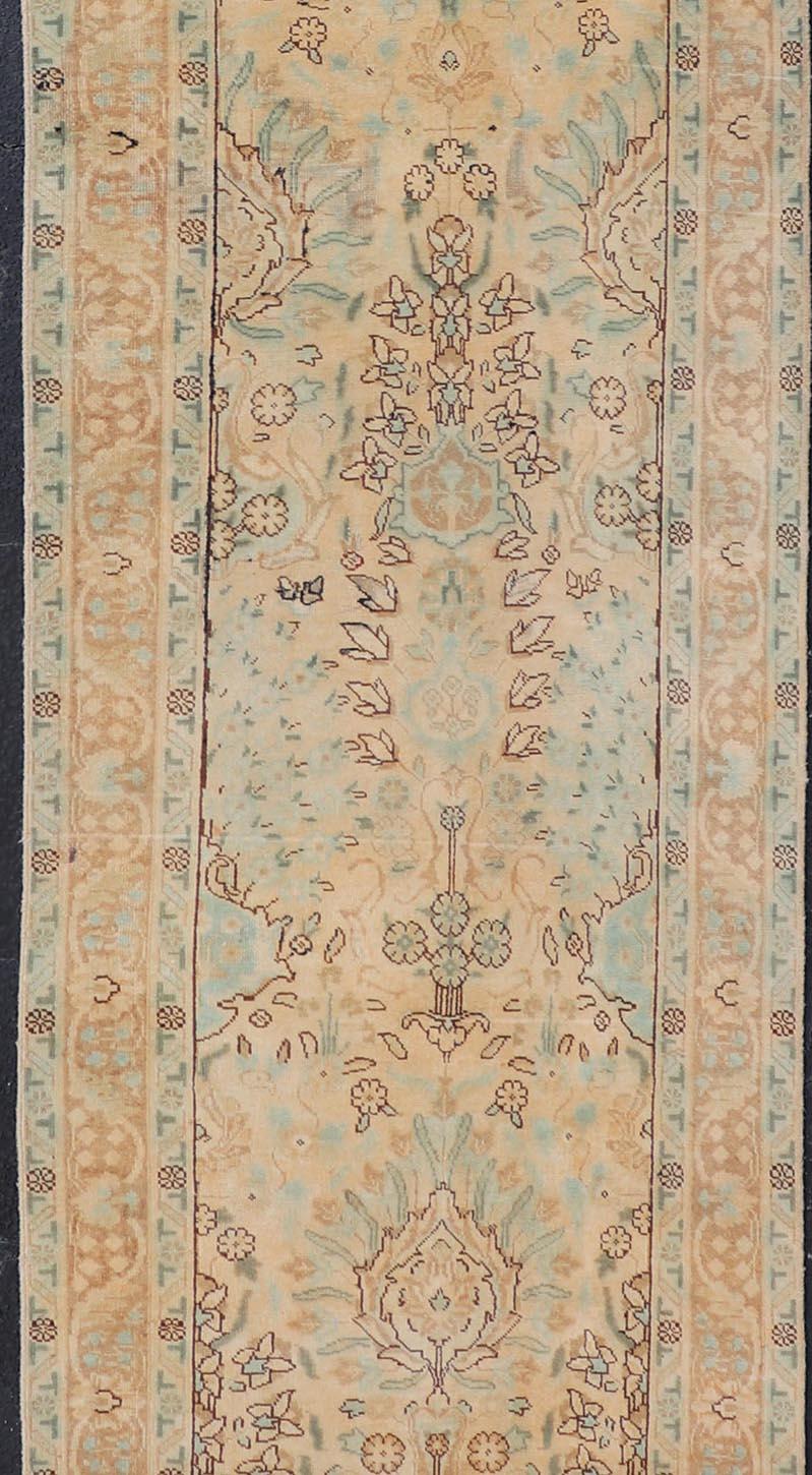 Vintage Persian Tabriz Long Runner in Taupe, Tan, Camel & D. Blue Highlights For Sale 1