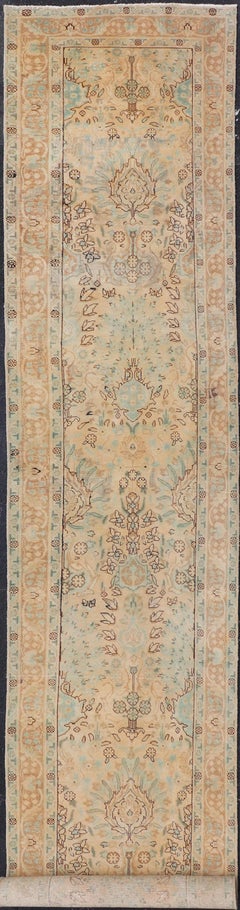 Vintage Persian Tabriz Long Runner in Taupe, Tan, Camel & D. Blue Highlights