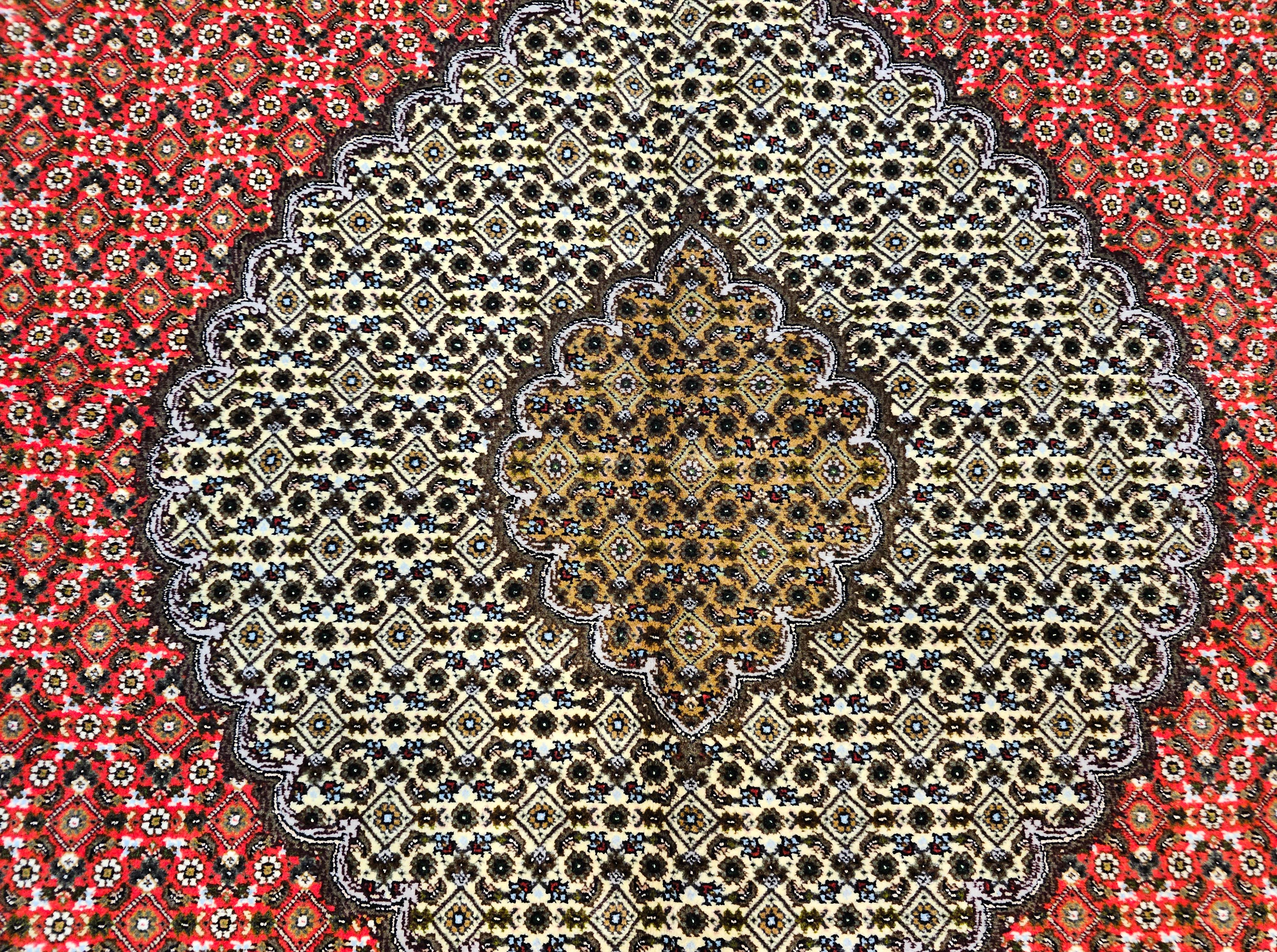 Vintage Persian Tabriz Mahi in Geometric Pattern in Red, Navy, Ivory, Burgundy For Sale 4