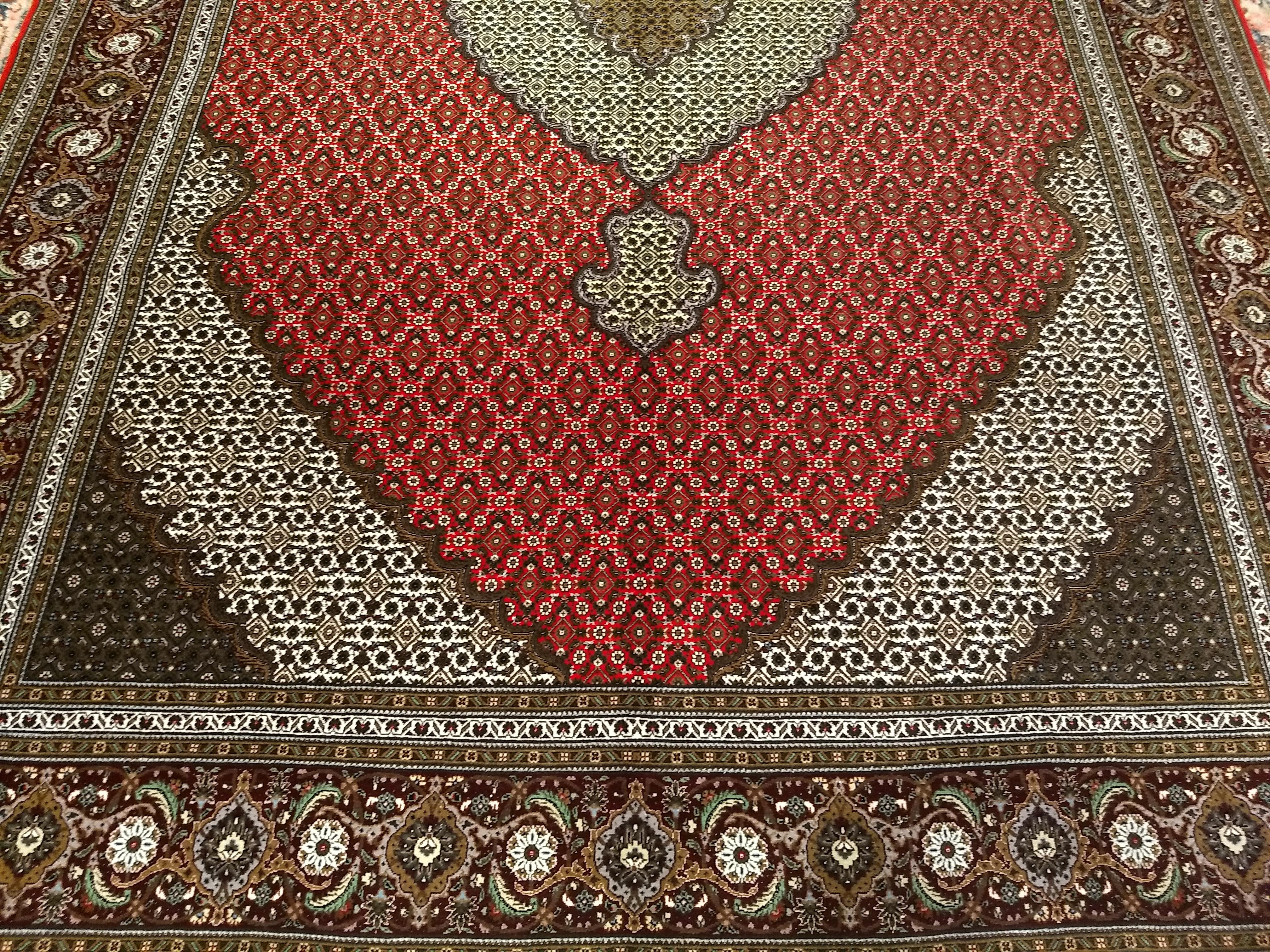 Vintage Persian Tabriz Mahi in Geometric Pattern in Red, Navy, Ivory, Burgundy For Sale 5