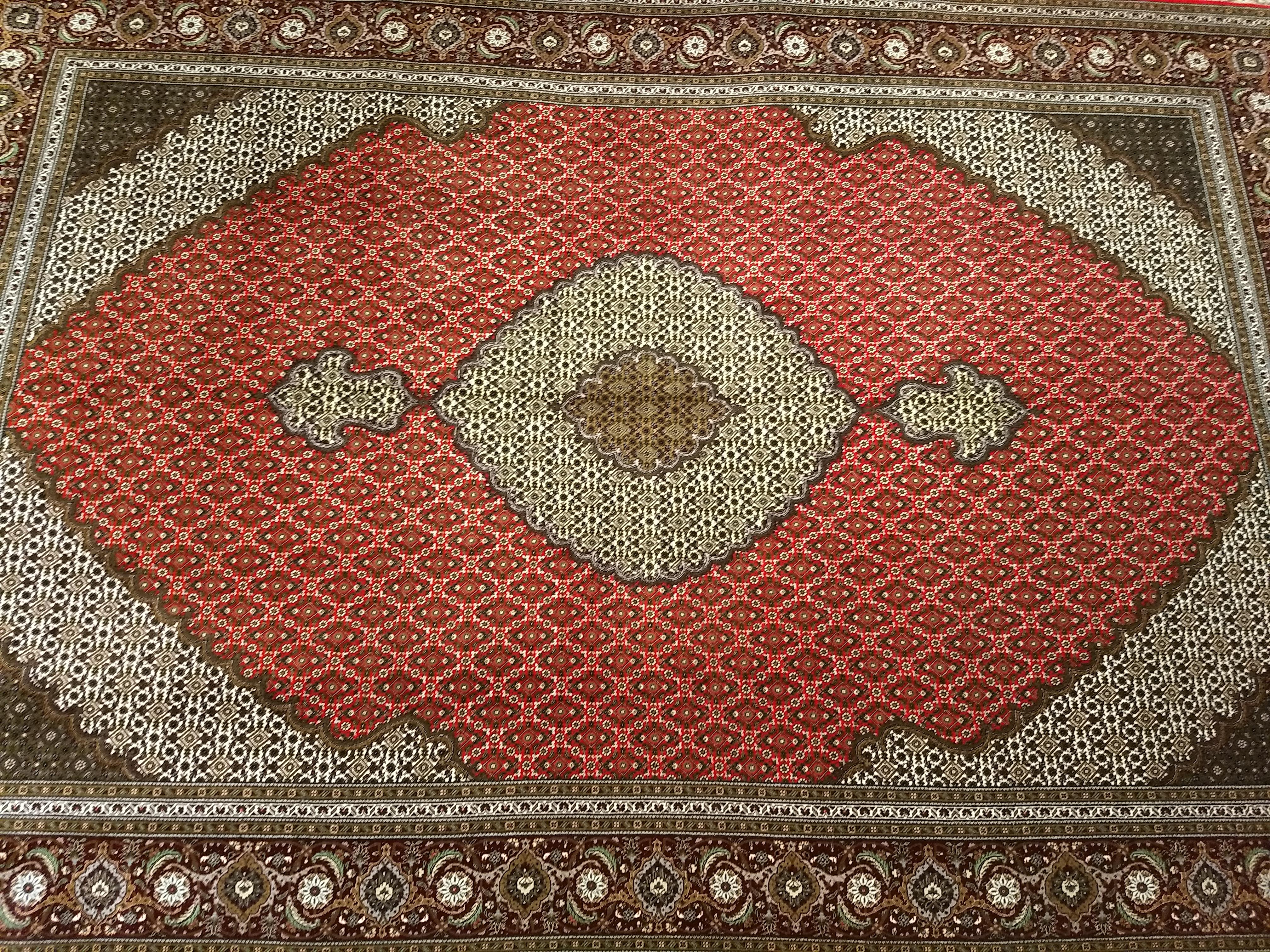 Vintage Persian Tabriz Mahi in Geometric Pattern in Red, Navy, Ivory, Burgundy For Sale 6
