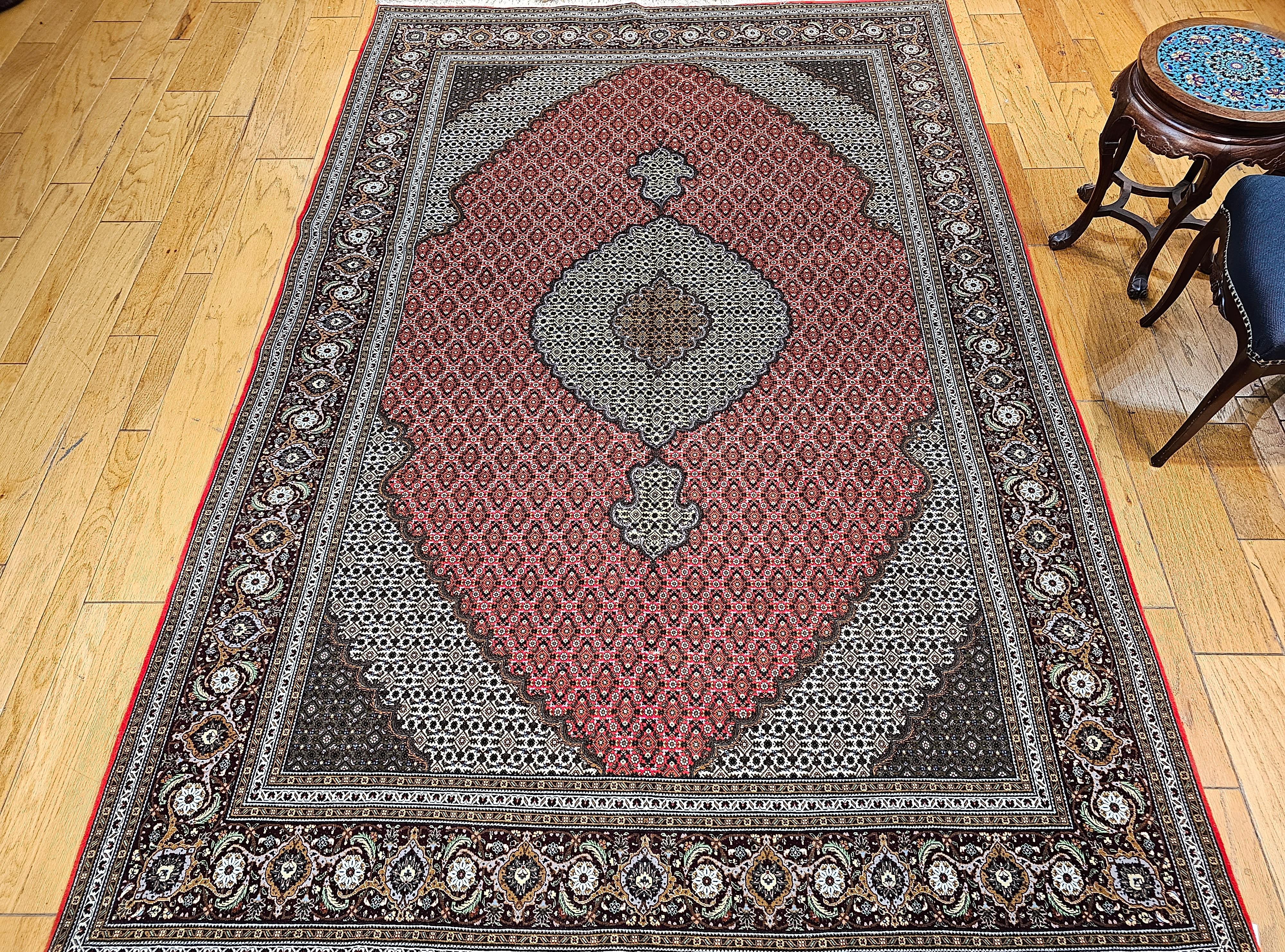 Vintage Persian Tabriz Mahi in Geometric Pattern in Red, Navy, Ivory, Burgundy For Sale 7