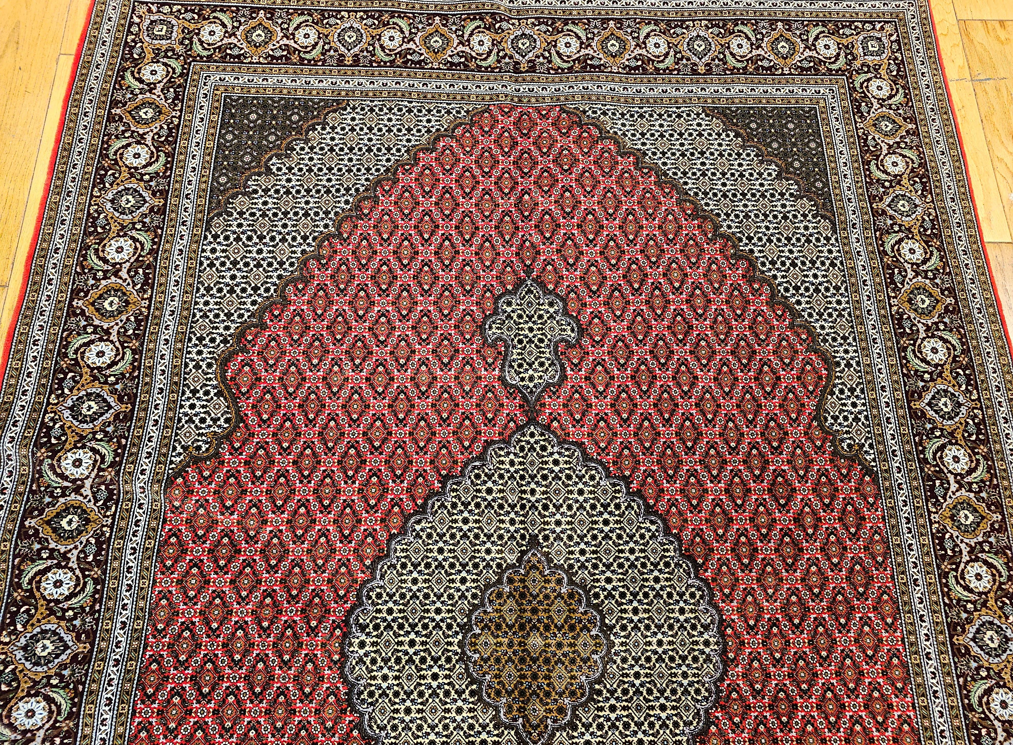 Hand-Knotted Vintage Persian Tabriz Mahi in Geometric Pattern in Red, Navy, Ivory, Burgundy For Sale