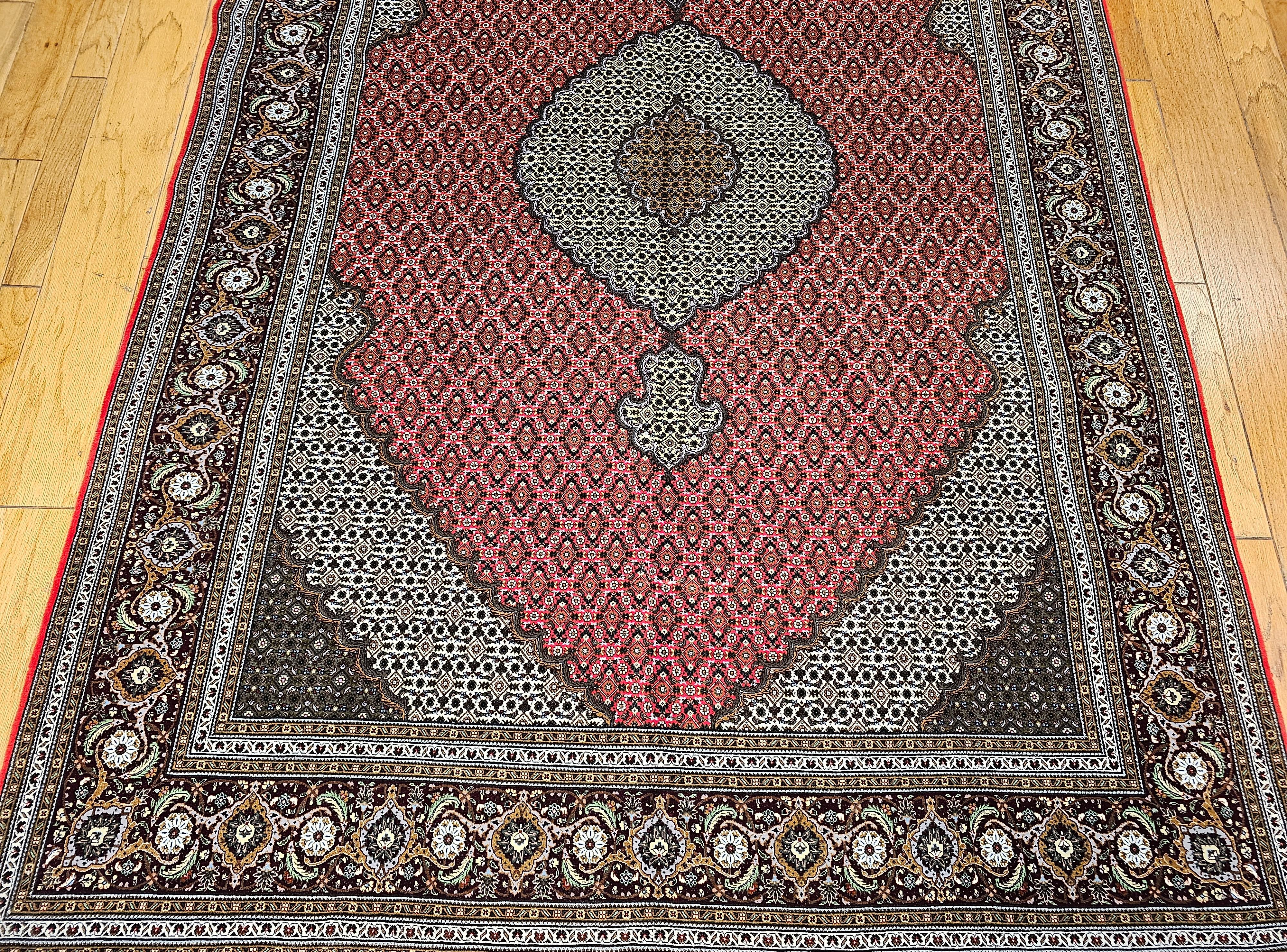 20th Century Vintage Persian Tabriz Mahi in Geometric Pattern in Red, Navy, Ivory, Burgundy For Sale