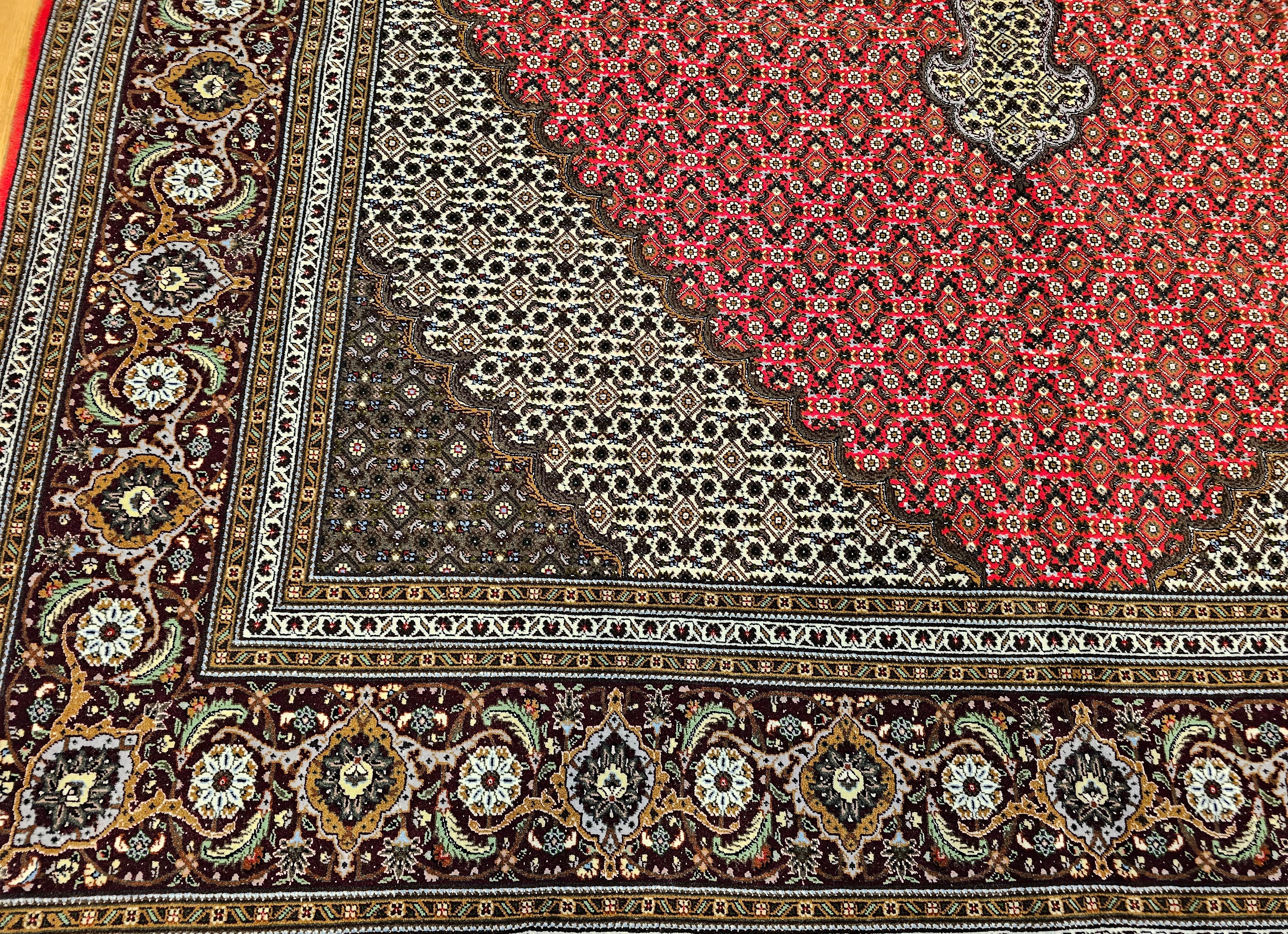Wool Vintage Persian Tabriz Mahi in Geometric Pattern in Red, Navy, Ivory, Burgundy For Sale