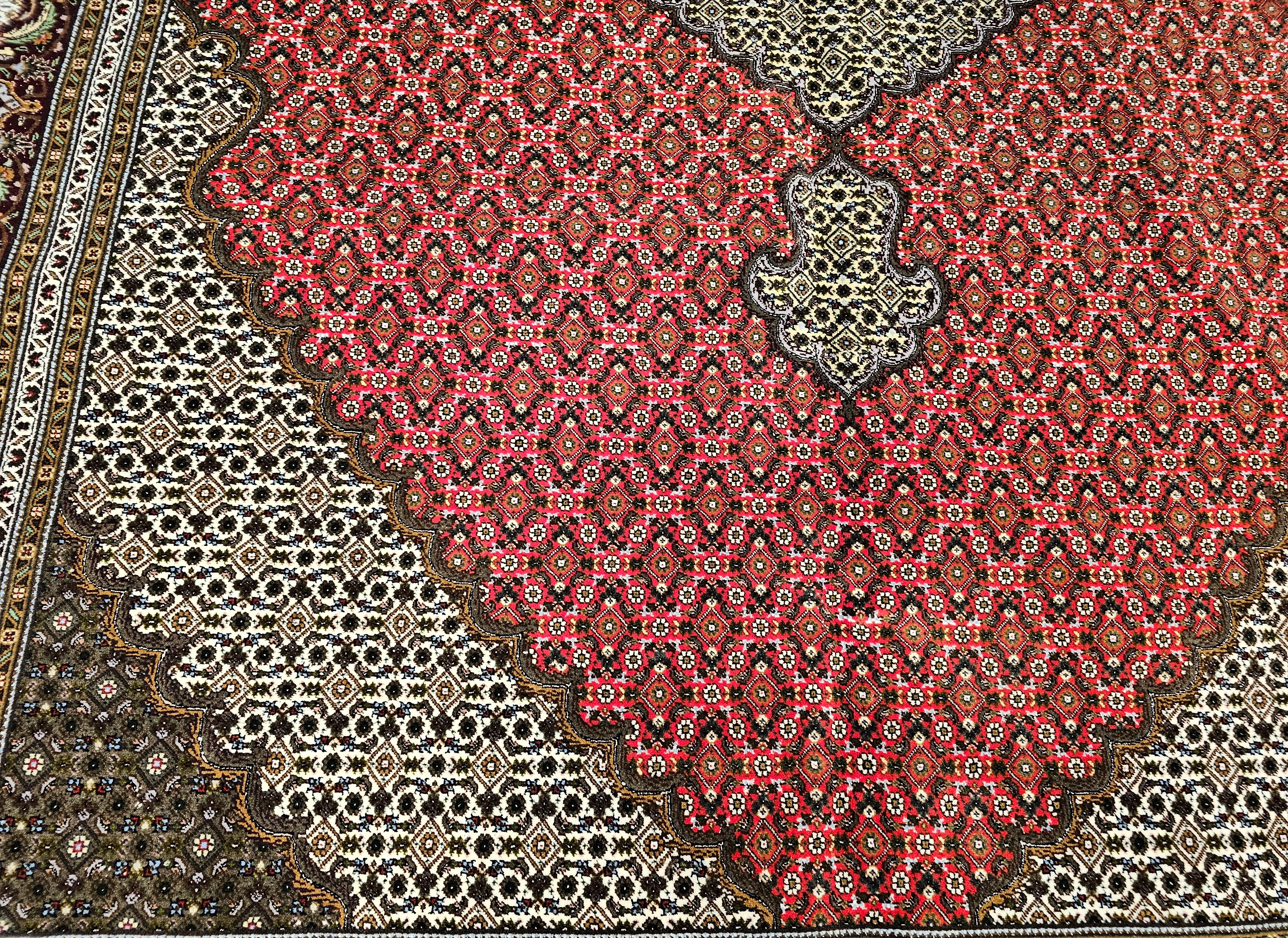Vintage Persian Tabriz Mahi in Geometric Pattern in Red, Navy, Ivory, Burgundy For Sale 1