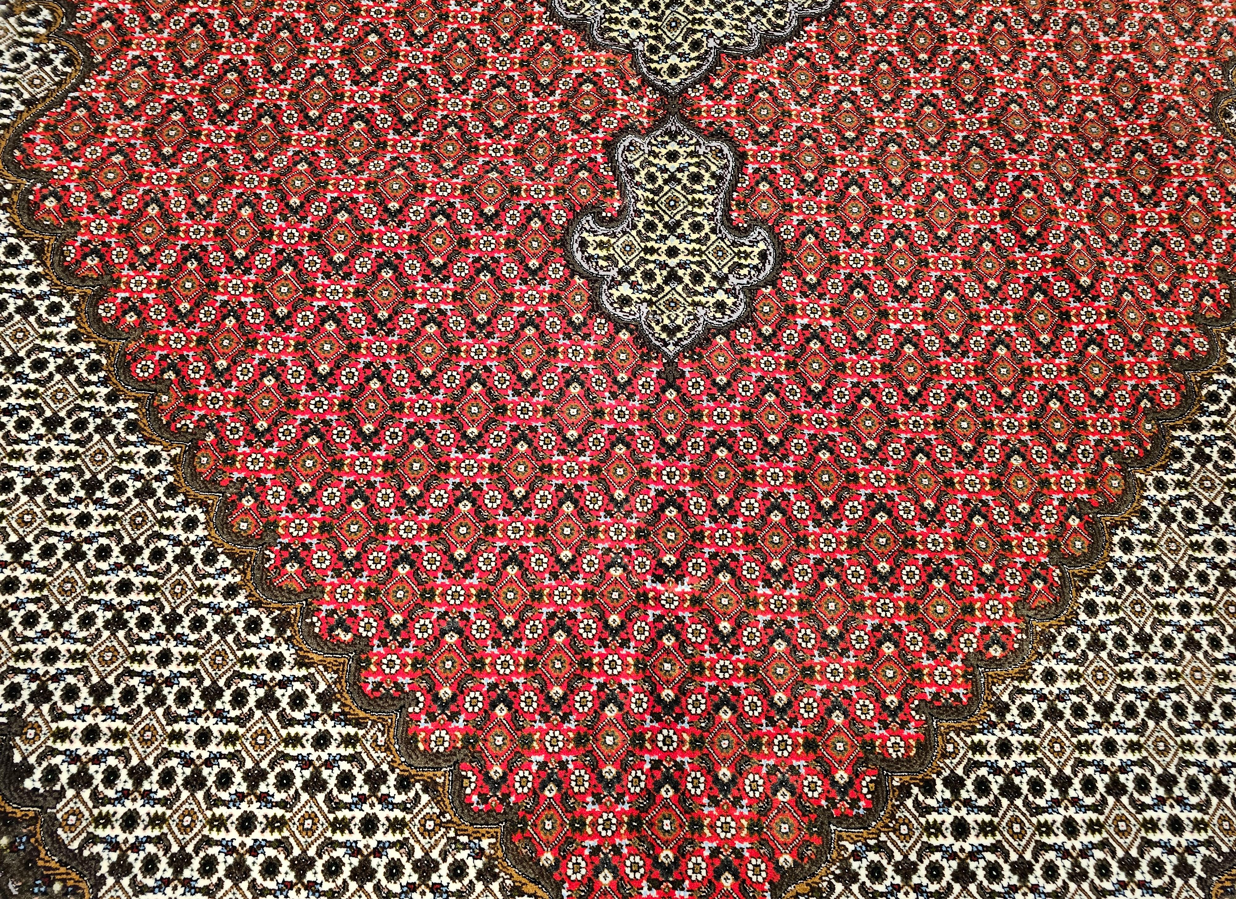 Vintage Persian Tabriz Mahi in Geometric Pattern in Red, Navy, Ivory, Burgundy For Sale 2