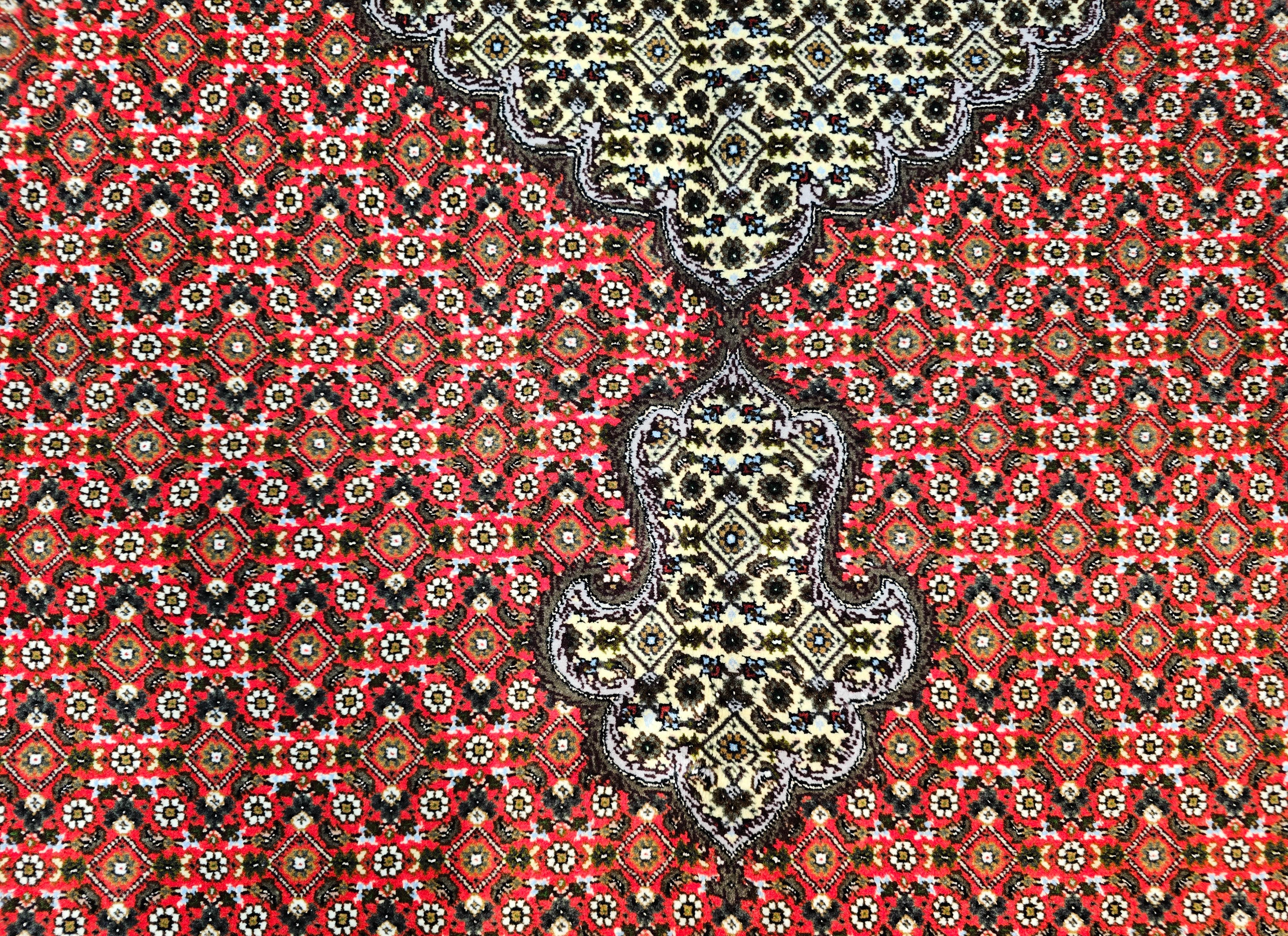Vintage Persian Tabriz Mahi in Geometric Pattern in Red, Navy, Ivory, Burgundy For Sale 3