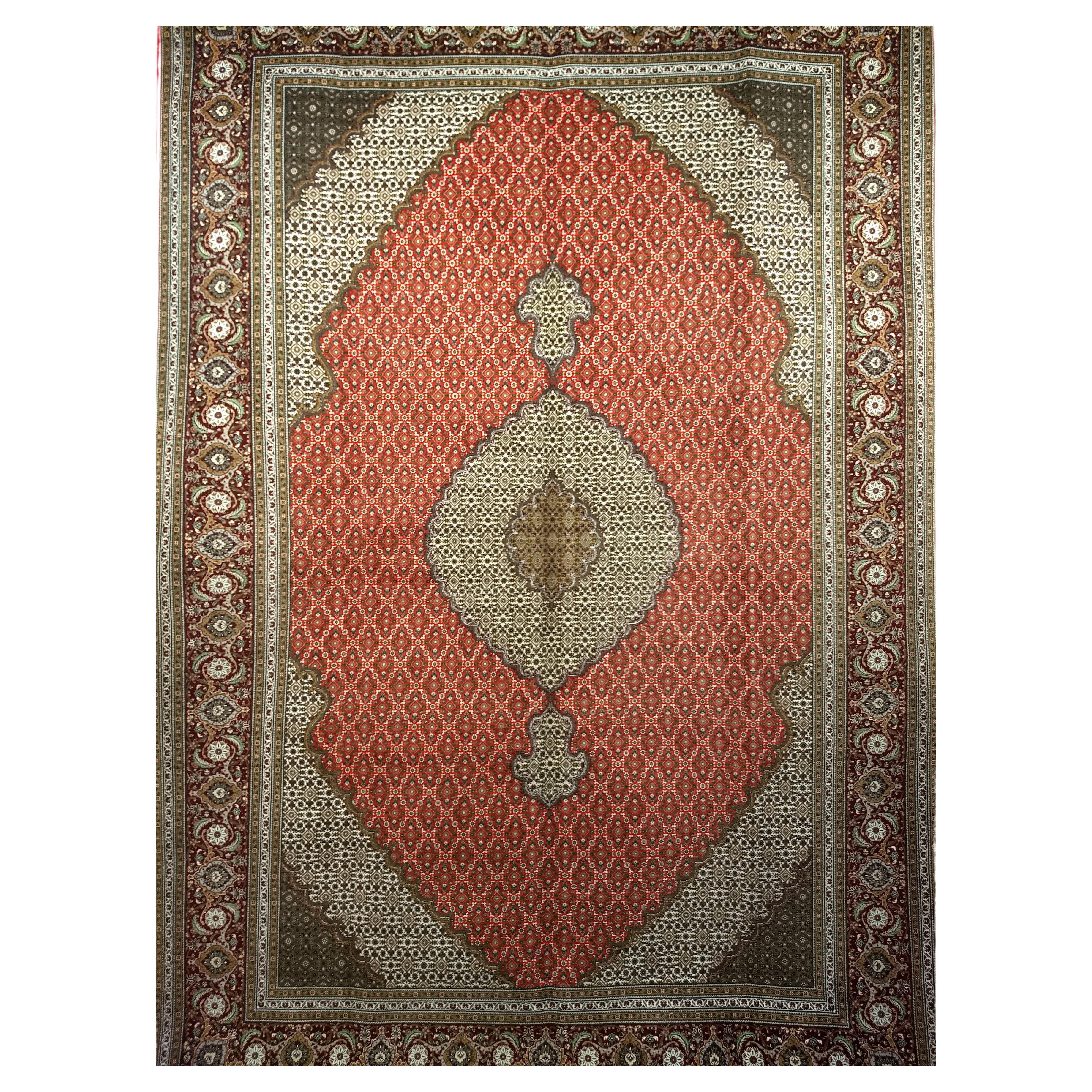 Vintage Persian Tabriz Mahi in Geometric Pattern in Red, Navy, Ivory, Burgundy For Sale