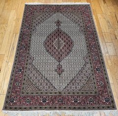 Vintage Persian Tabriz Mahi Rug in Geometric Pattern in Ivory, Burgundy, Gray