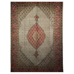 Alfombra Persa Tabriz Mahi Vintage con Dibujo Geométrico en Marfil y Borgoña