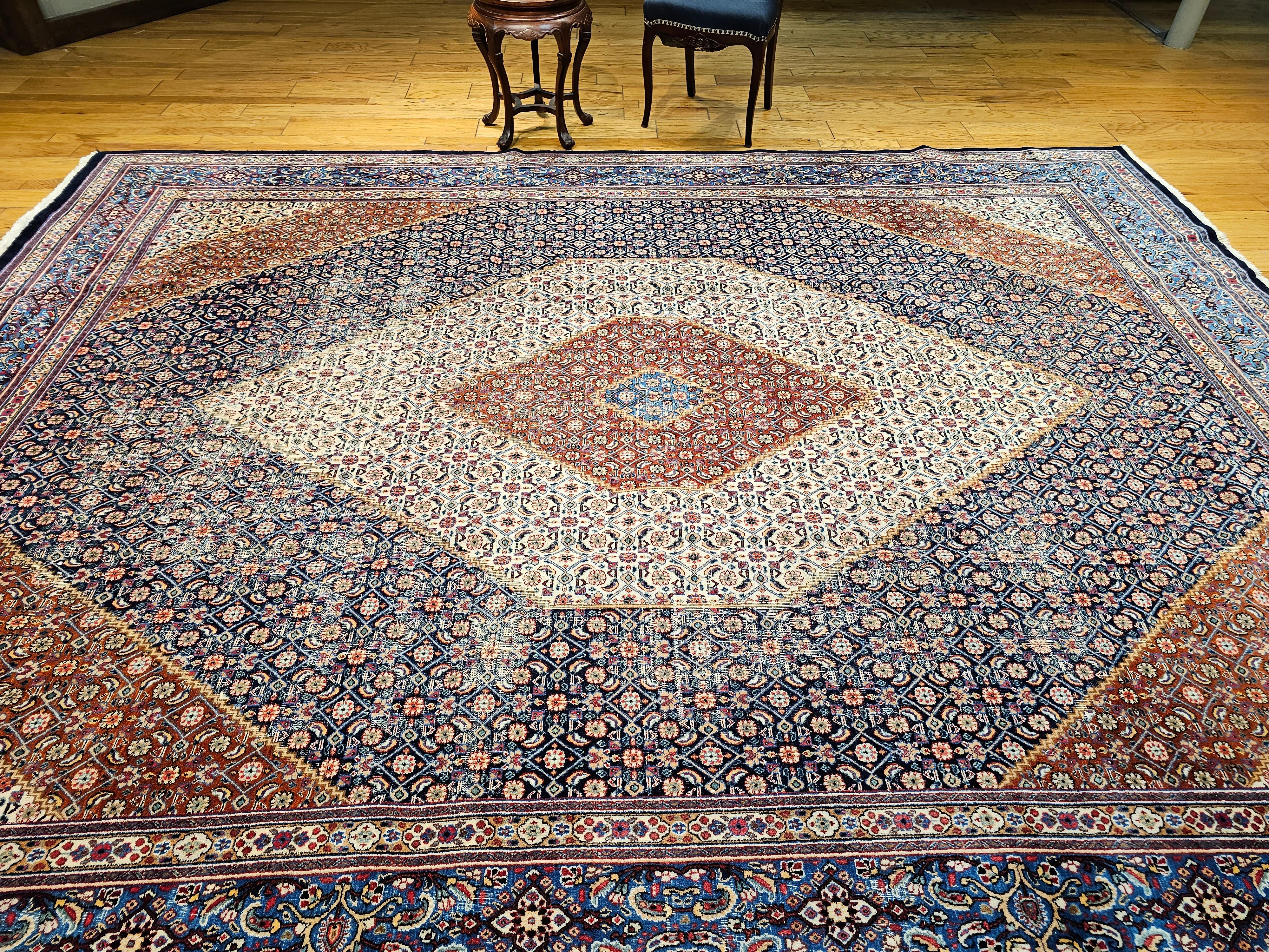 Vintage Persian Tabriz Mahi in Geometric Pattern in Ivory, Navy, French Blue For Sale 4