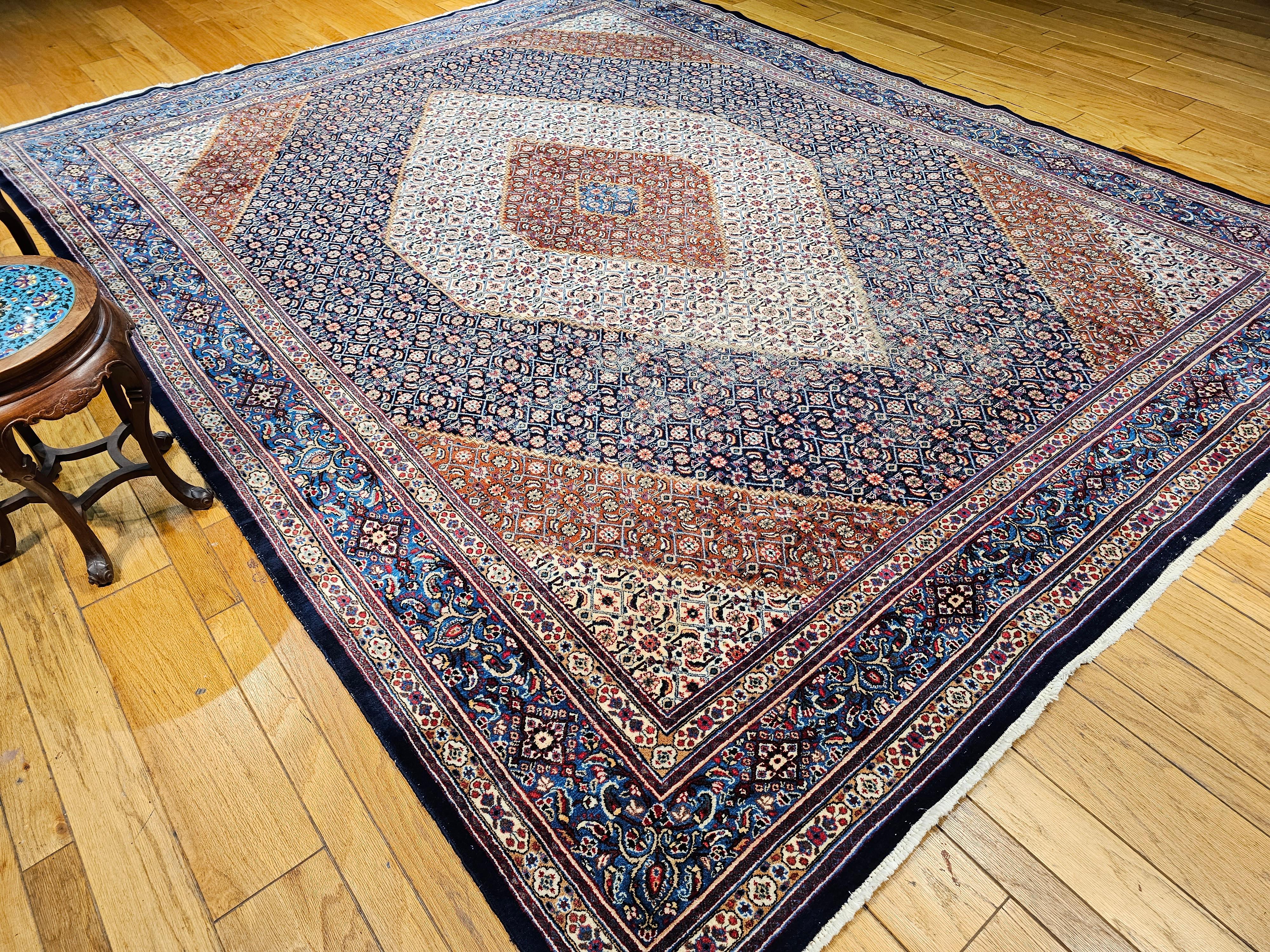 Vintage Persian Tabriz Mahi in Geometric Pattern in Ivory, Navy, French Blue For Sale 5
