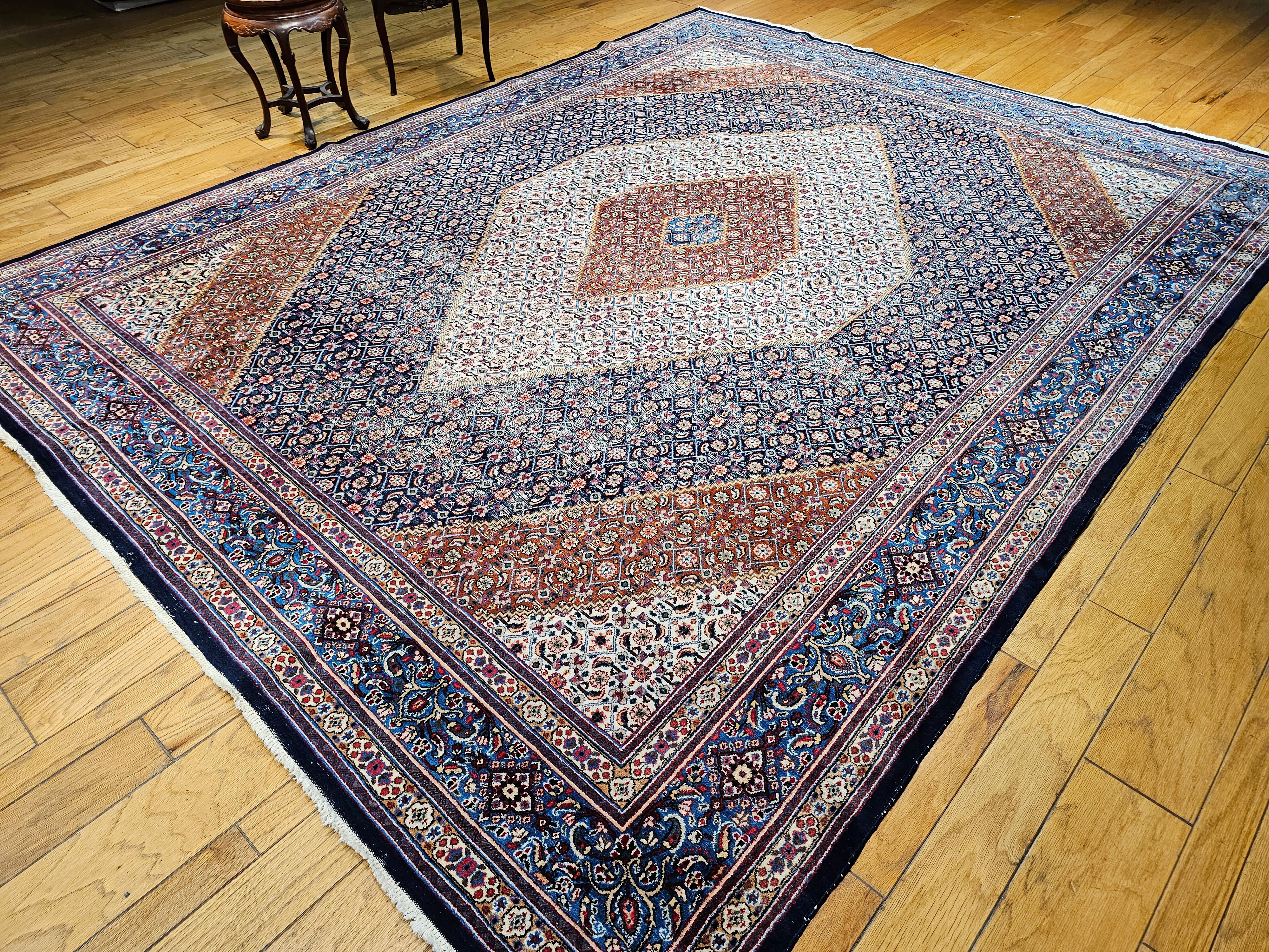 Vintage Persian Tabriz Mahi in Geometric Pattern in Ivory, Navy, French Blue For Sale 6