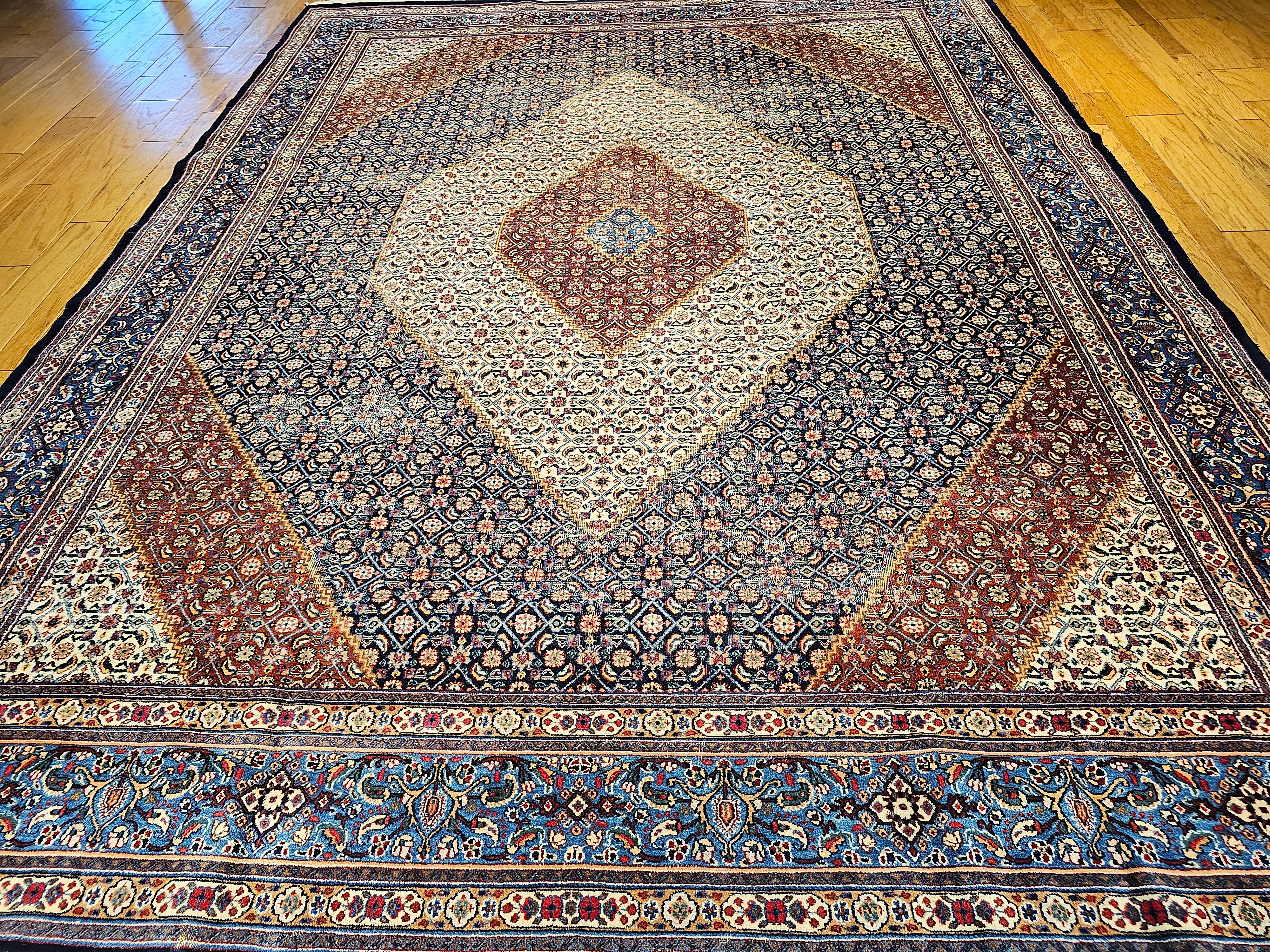 Hand-Knotted Vintage Persian Tabriz Mahi in Geometric Pattern in Ivory, Navy, French Blue For Sale
