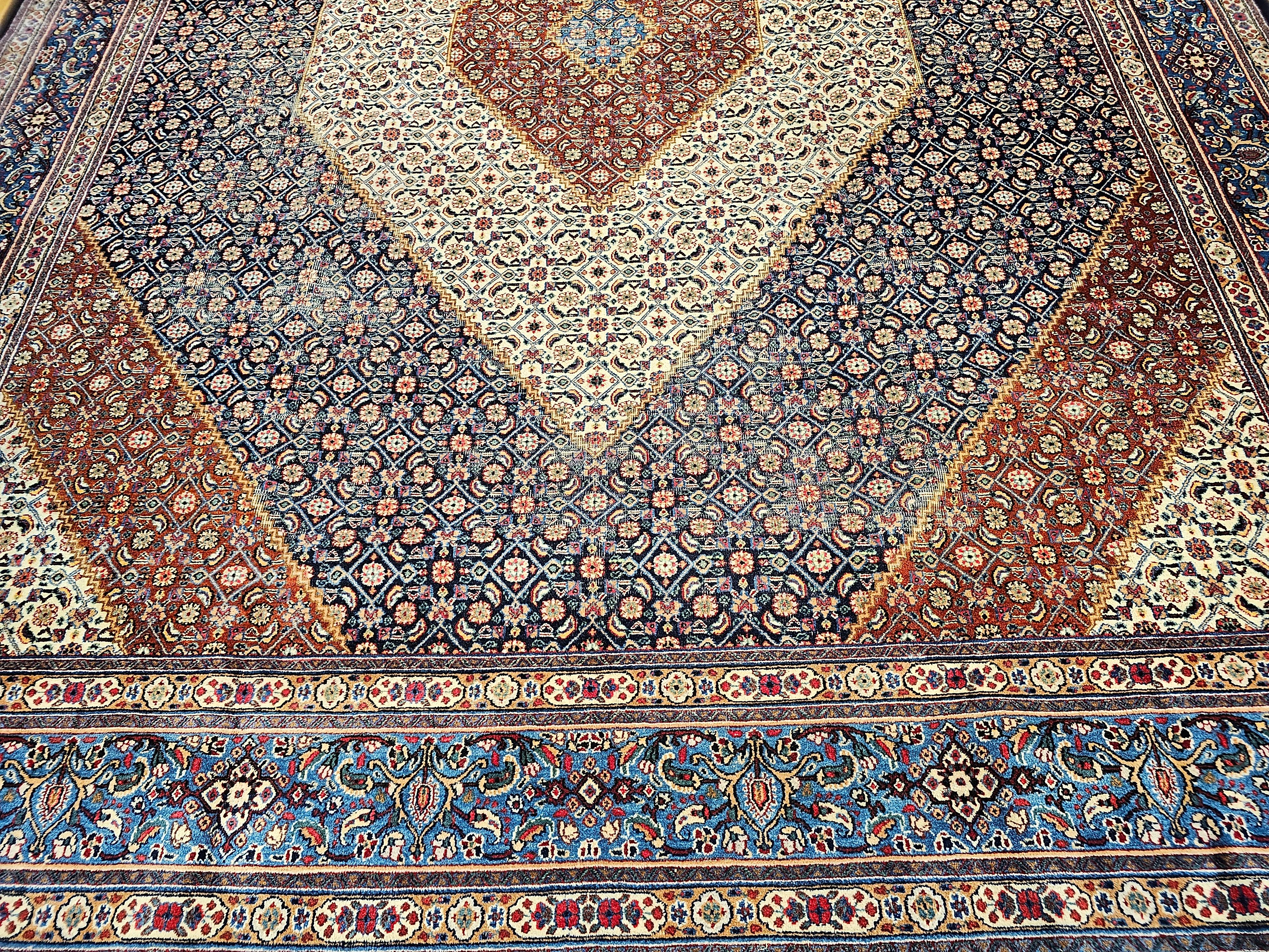 Vintage Persian Tabriz Mahi in Geometric Pattern in Ivory, Navy, French Blue In Good Condition For Sale In Barrington, IL