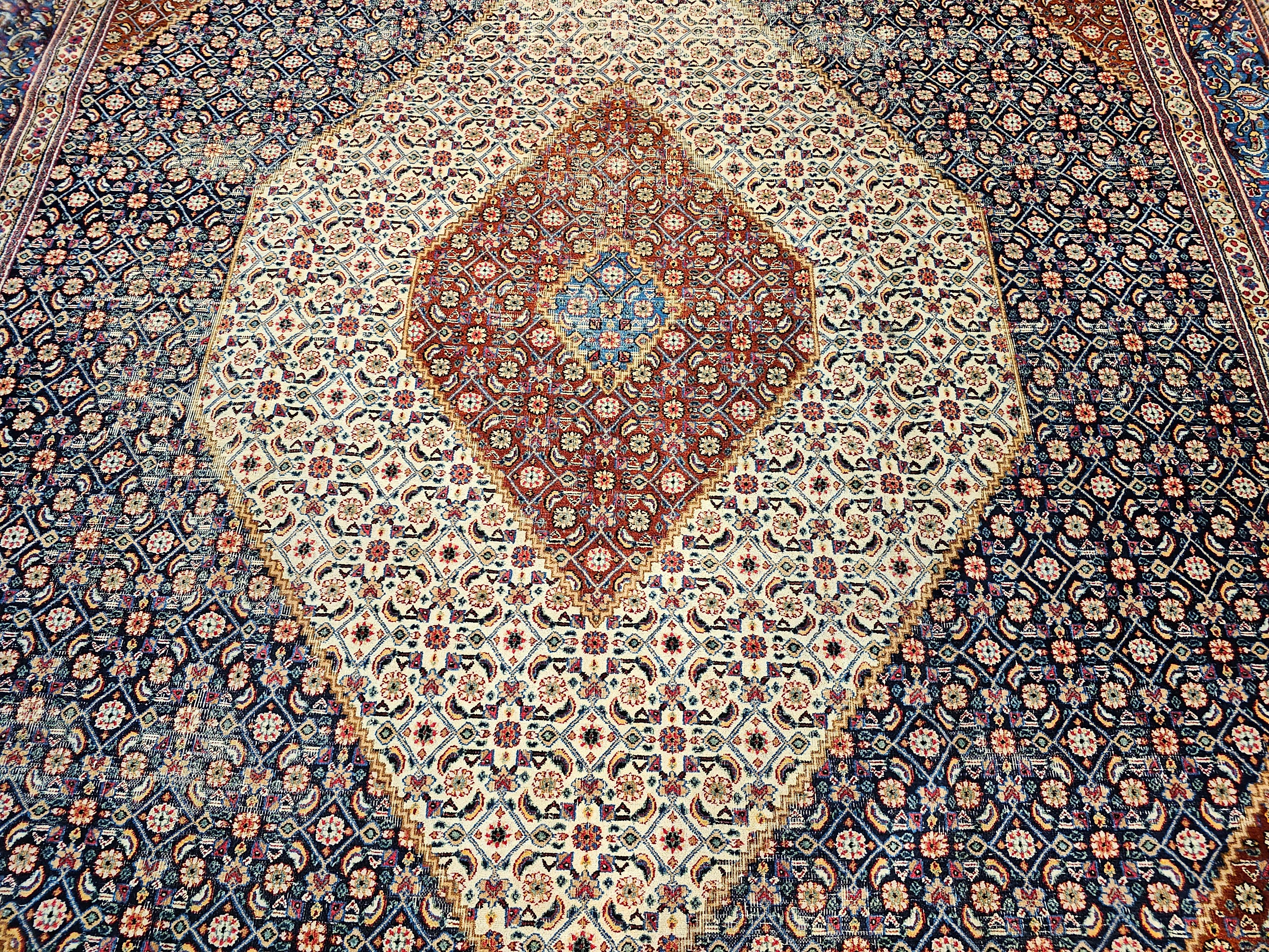 20th Century Vintage Persian Tabriz Mahi in Geometric Pattern in Ivory, Navy, French Blue For Sale