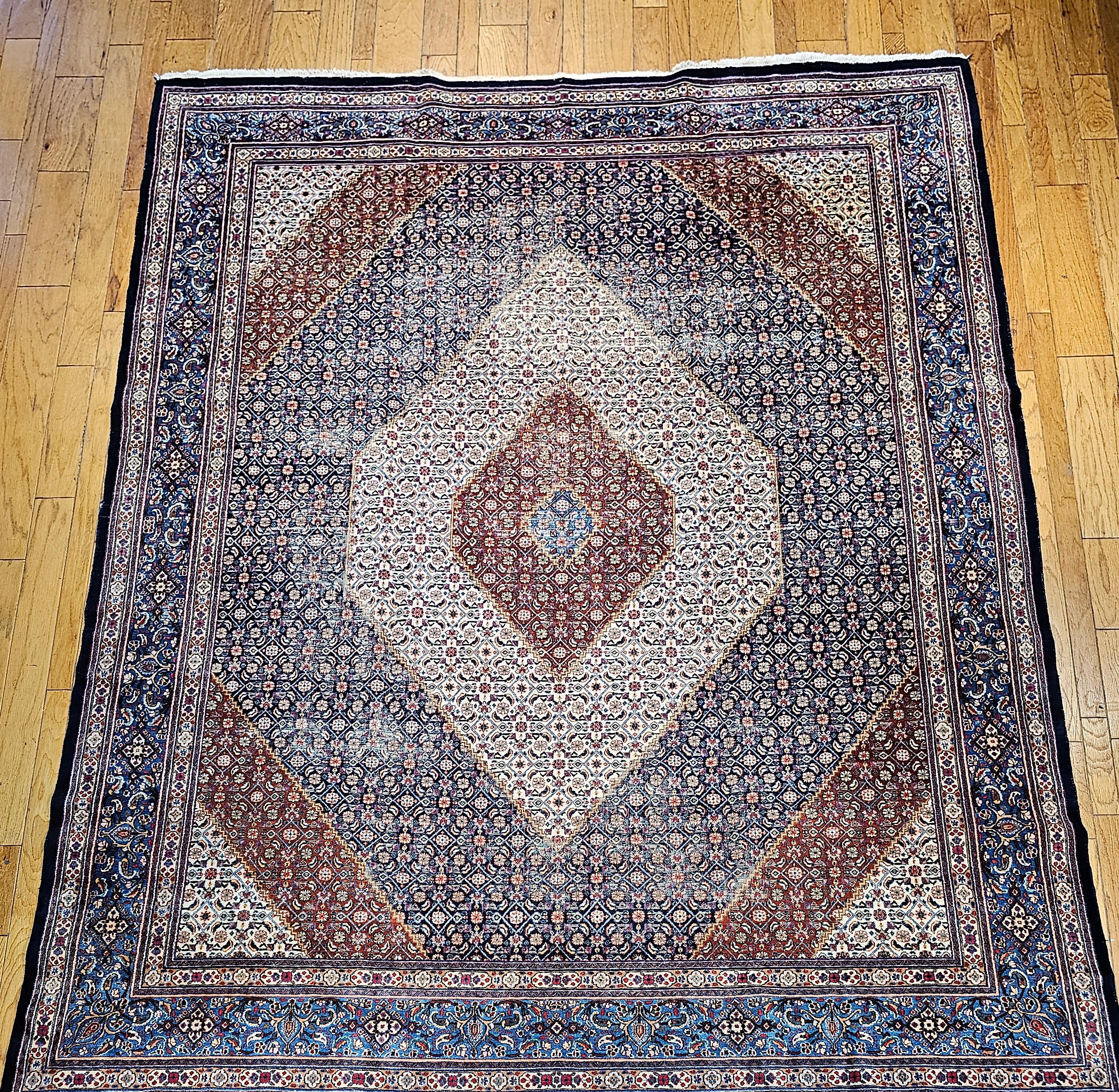 Vintage Persian Tabriz Mahi in Geometric Pattern in Ivory, Navy, French Blue For Sale 1
