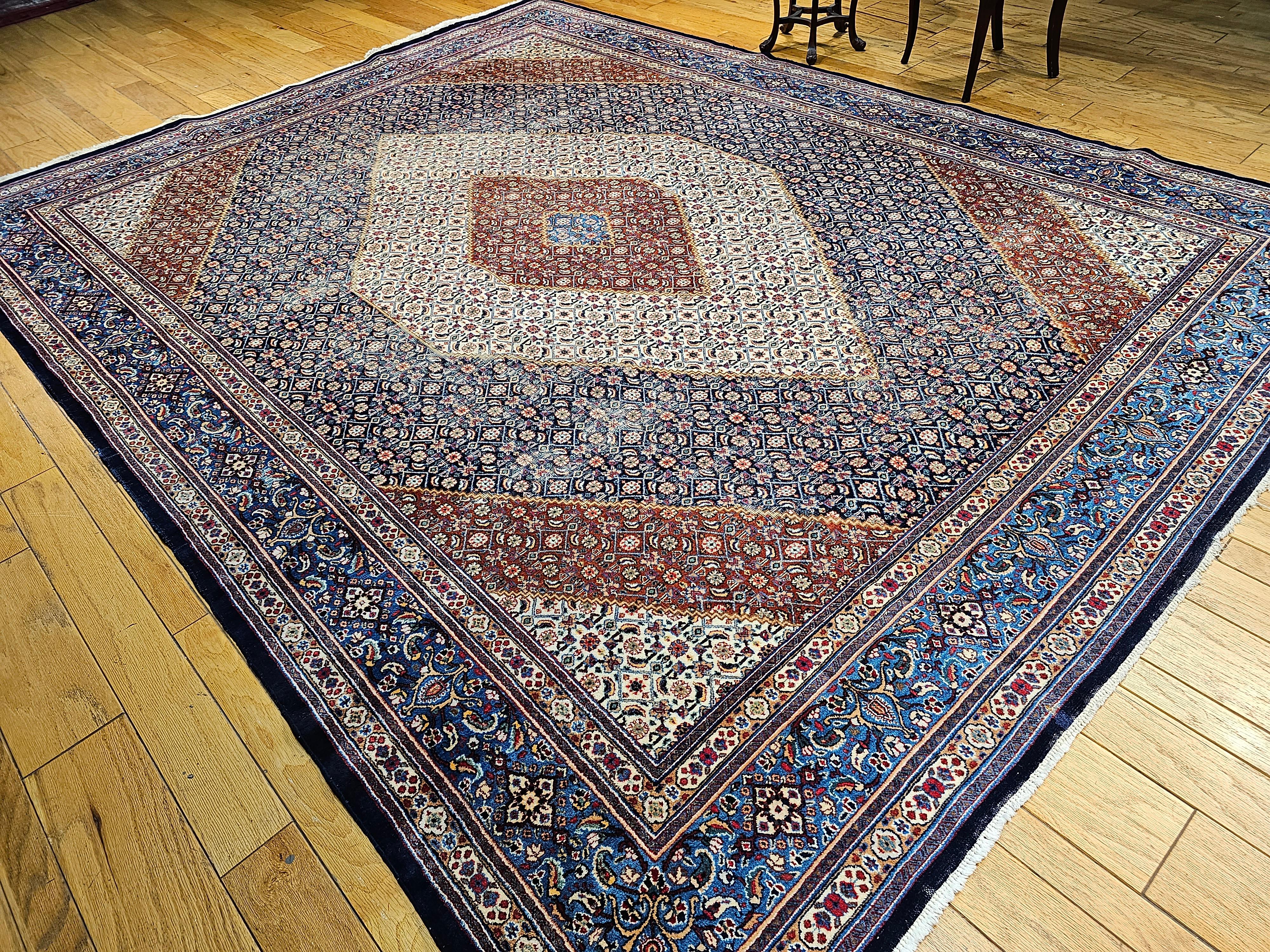 Vintage Persian Tabriz Mahi in Geometric Pattern in Ivory, Navy, French Blue For Sale 2
