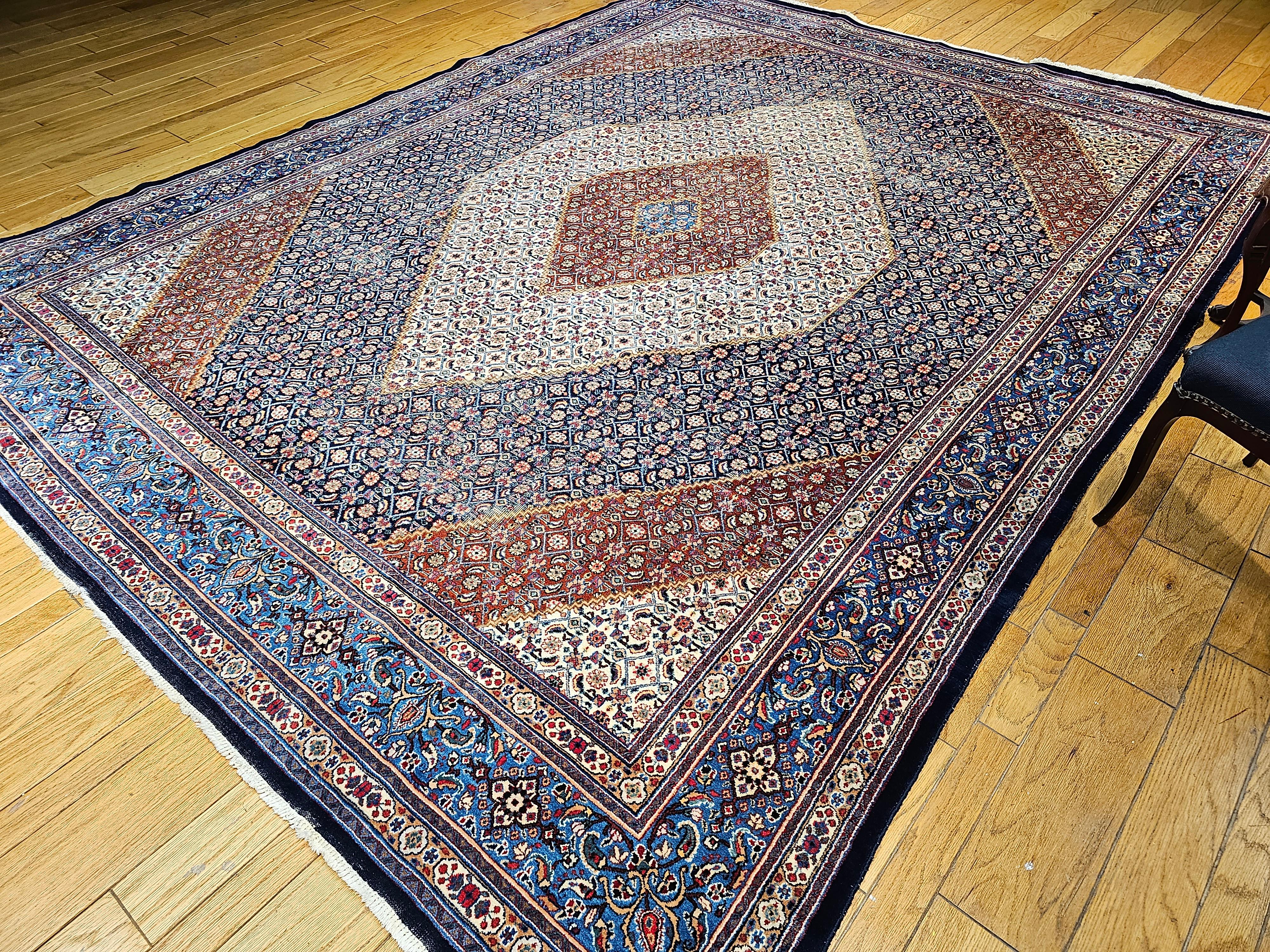 Vintage Persian Tabriz Mahi in Geometric Pattern in Ivory, Navy, French Blue For Sale 3