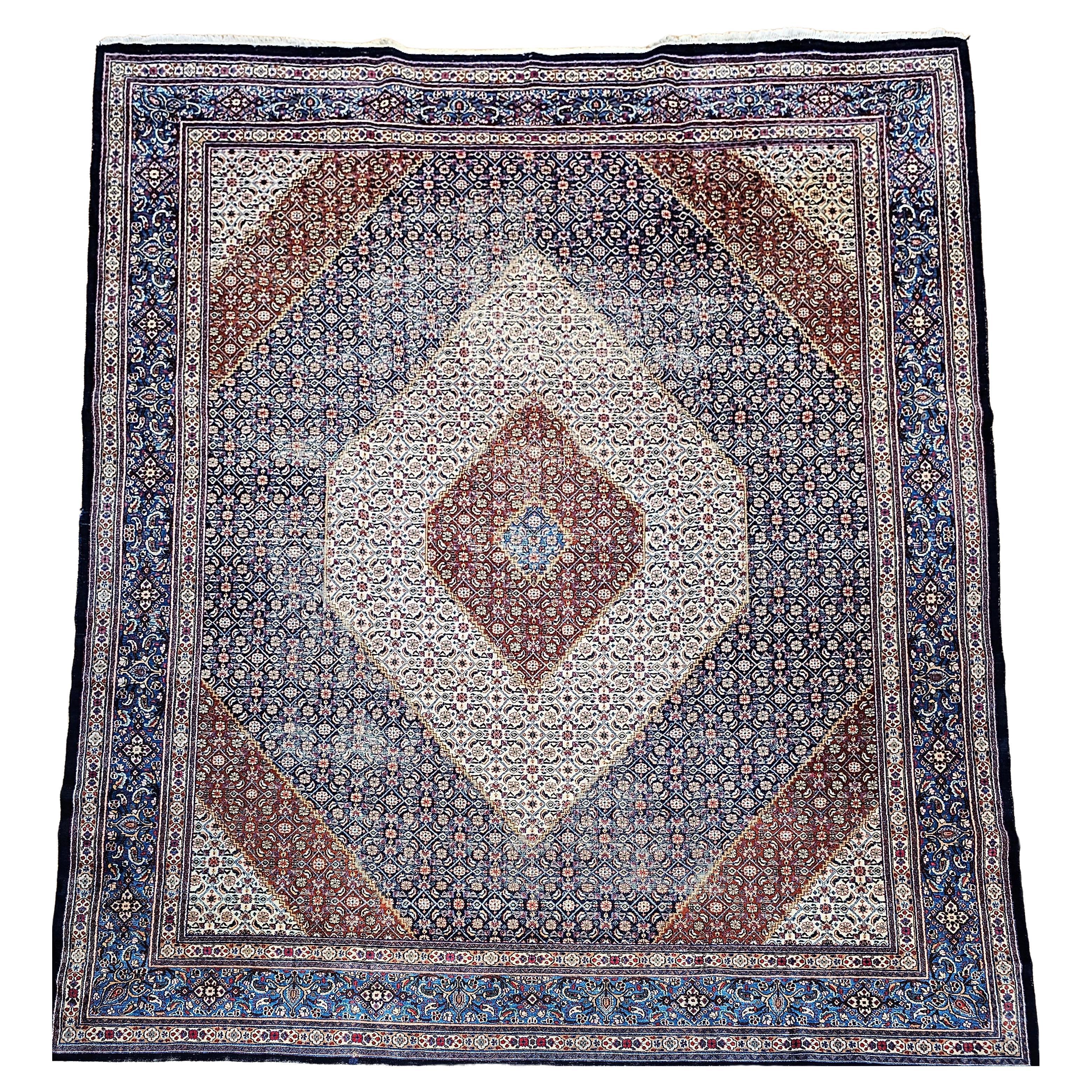 Vintage Persian Tabriz Mahi in Geometric Pattern in Ivory, Navy, French Blue For Sale