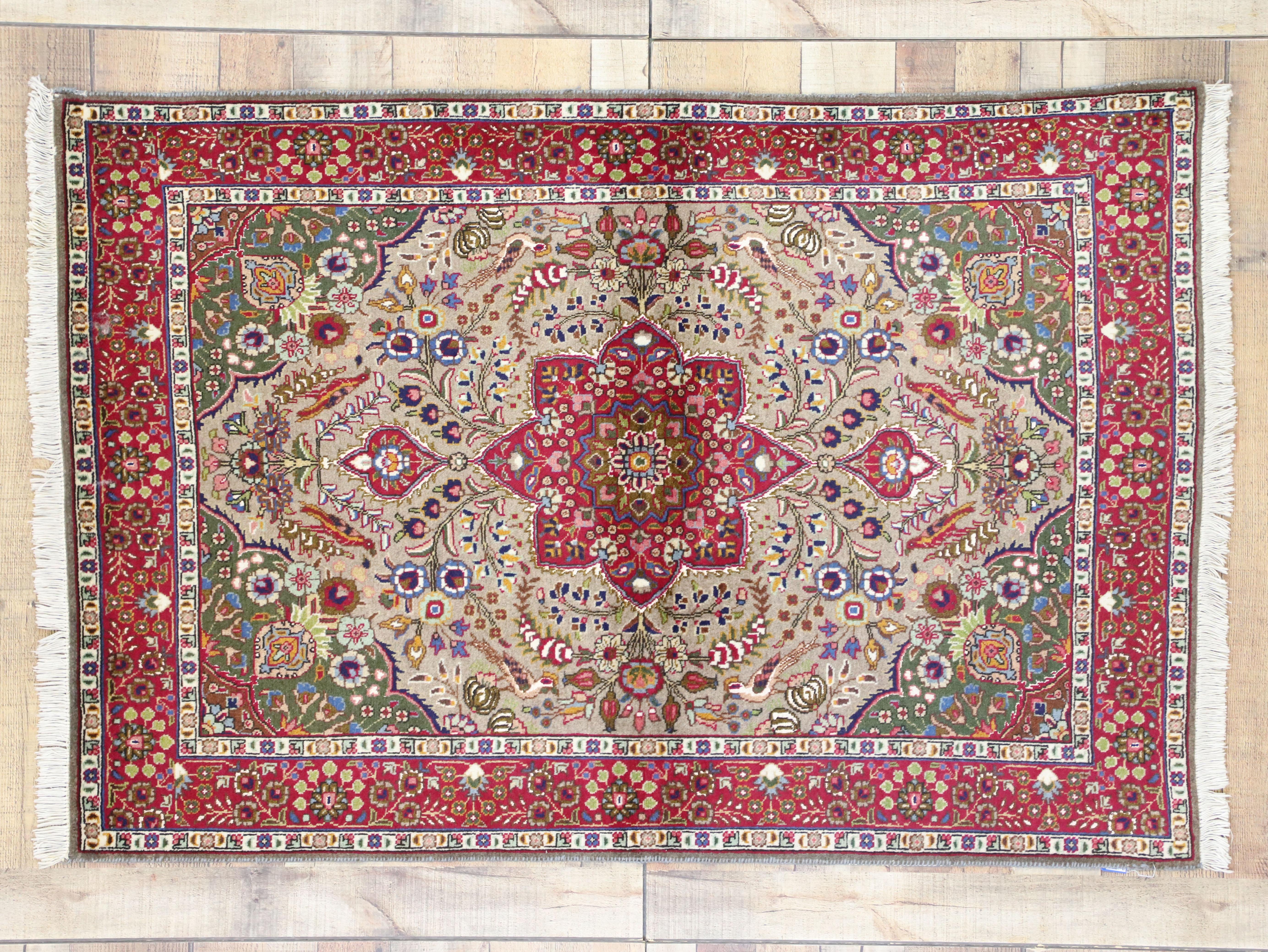 Wool Vintage Persian Tabriz Medallion Rug with Rustic Feminine Arts & Crafts Style For Sale