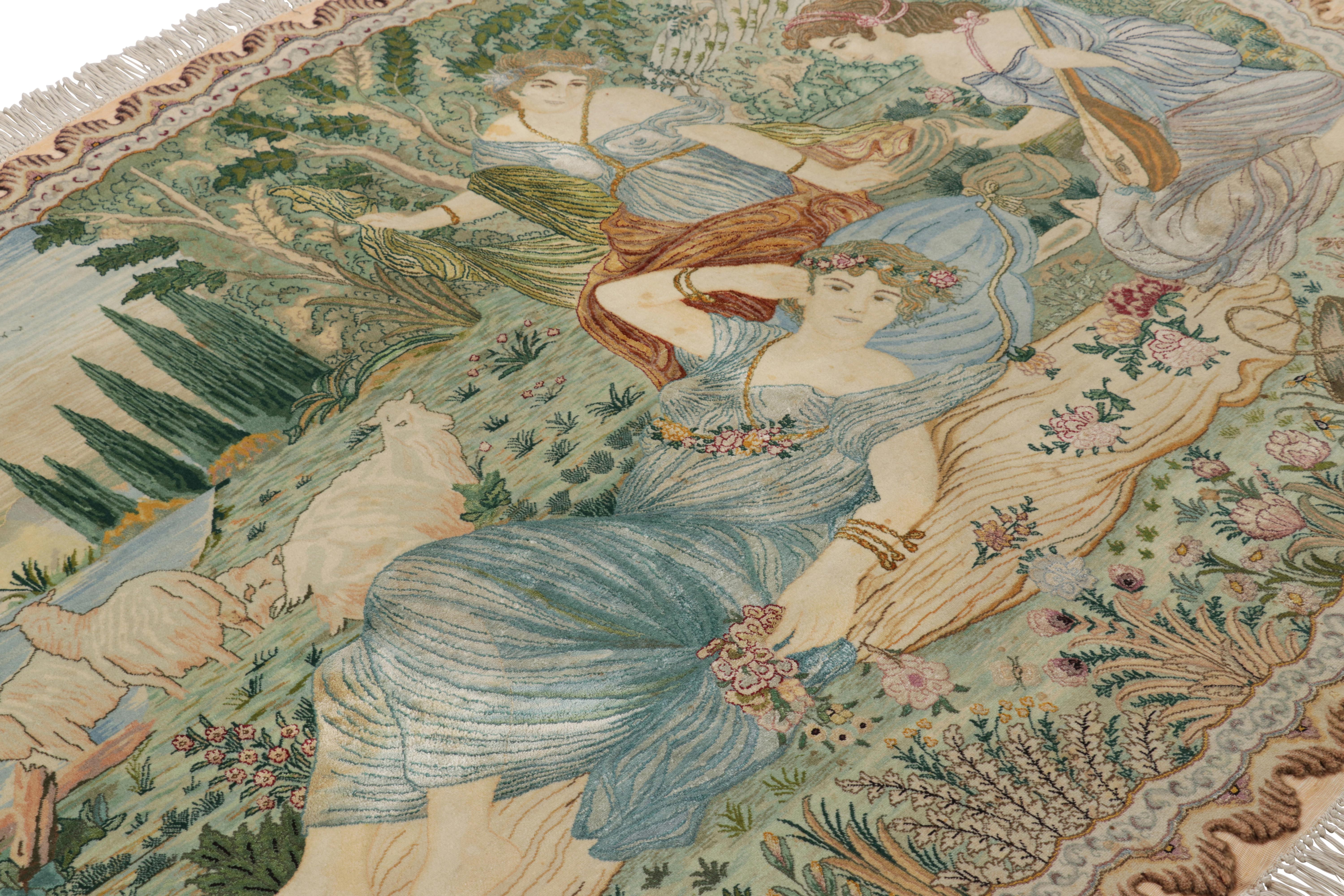 Hand knotted in wool circa 1950-60, this 4x6 vintage Persian Tabriz rug represents a distinguished addition to Rug & Kilim's collection of narrative Persian textiles. 

On the Design: 

This mid-20th century masterpiece exemplifies the refined
