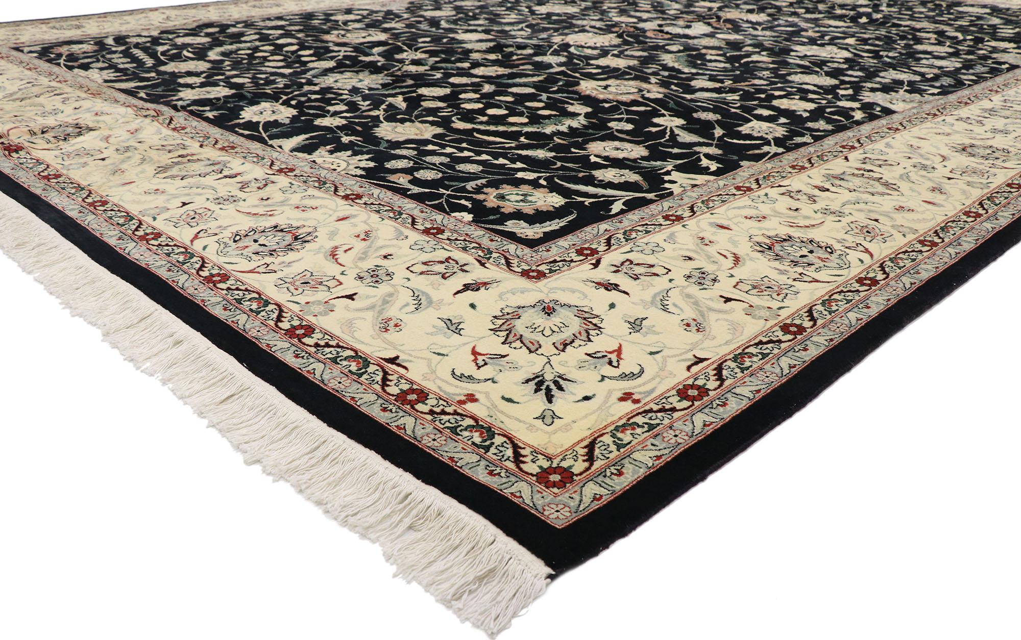 77747, vintage Persian Tabriz Pakistani rug with Neoclassical Baroque style. Sure to captivate the most discerning aesthete, this hand knotted wool vintage Persian Tabriz style rug is the epitome of tradition and Victorian in one. The black field