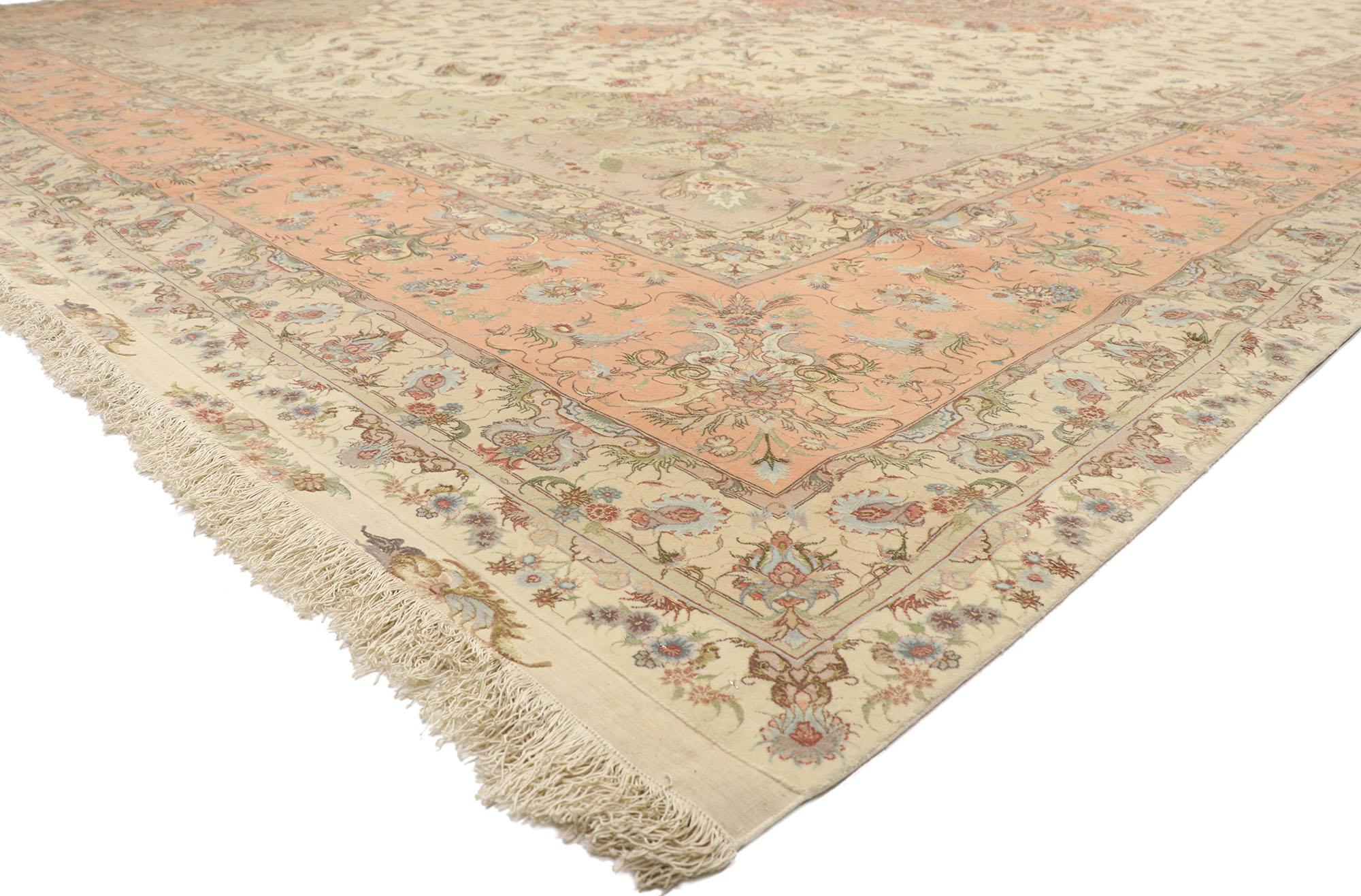 77438 Vintage Persian Tabriz Shirfar Rug, 16'04 x 25'11. Adorned with intricate embellishments and meticulously balanced symmetry, this vintage Persian Tabriz Shirfar rug, meticulously handcrafted from wool and silk, emanates the spirit of French