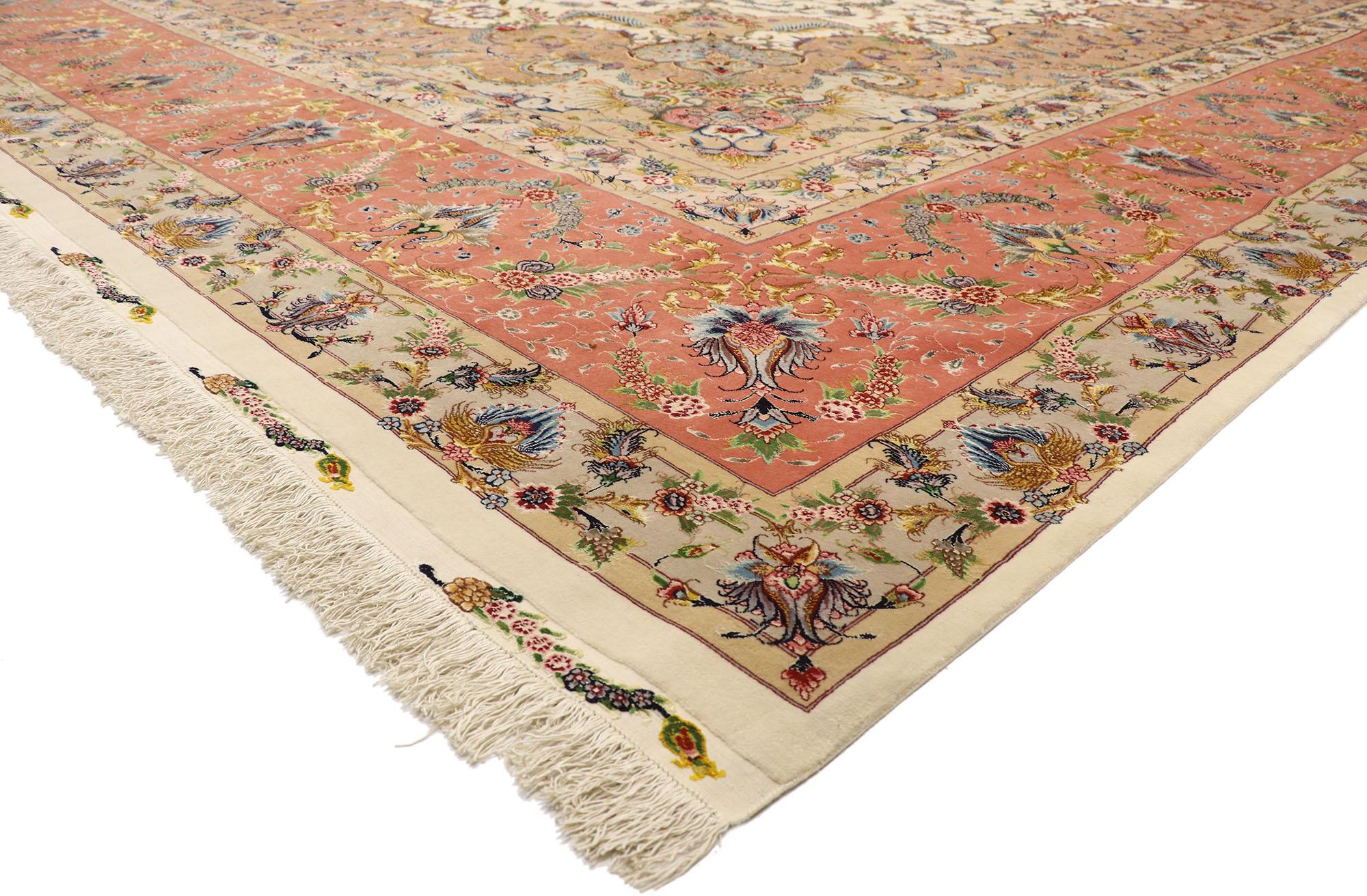 77437 Vintage Persian Tabriz Shirfar Rug, 15'10 x 26'07. Bedizened with intricate embellishments and balanced symmetry, this vintage Persian Tabriz Shirfar rug, crafted from hand-knotted wool and silk, radiates the essence of French Provincial and