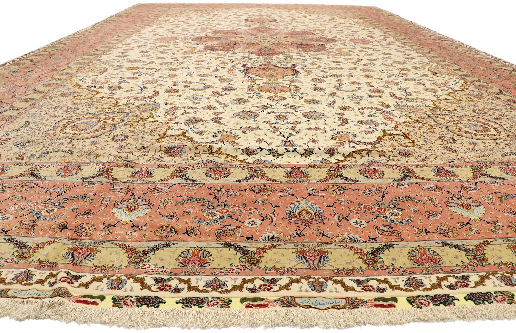 Hand-Knotted 1980s Signed Persian Tabriz Wool and Silk Rug with French Rococo Pastels For Sale