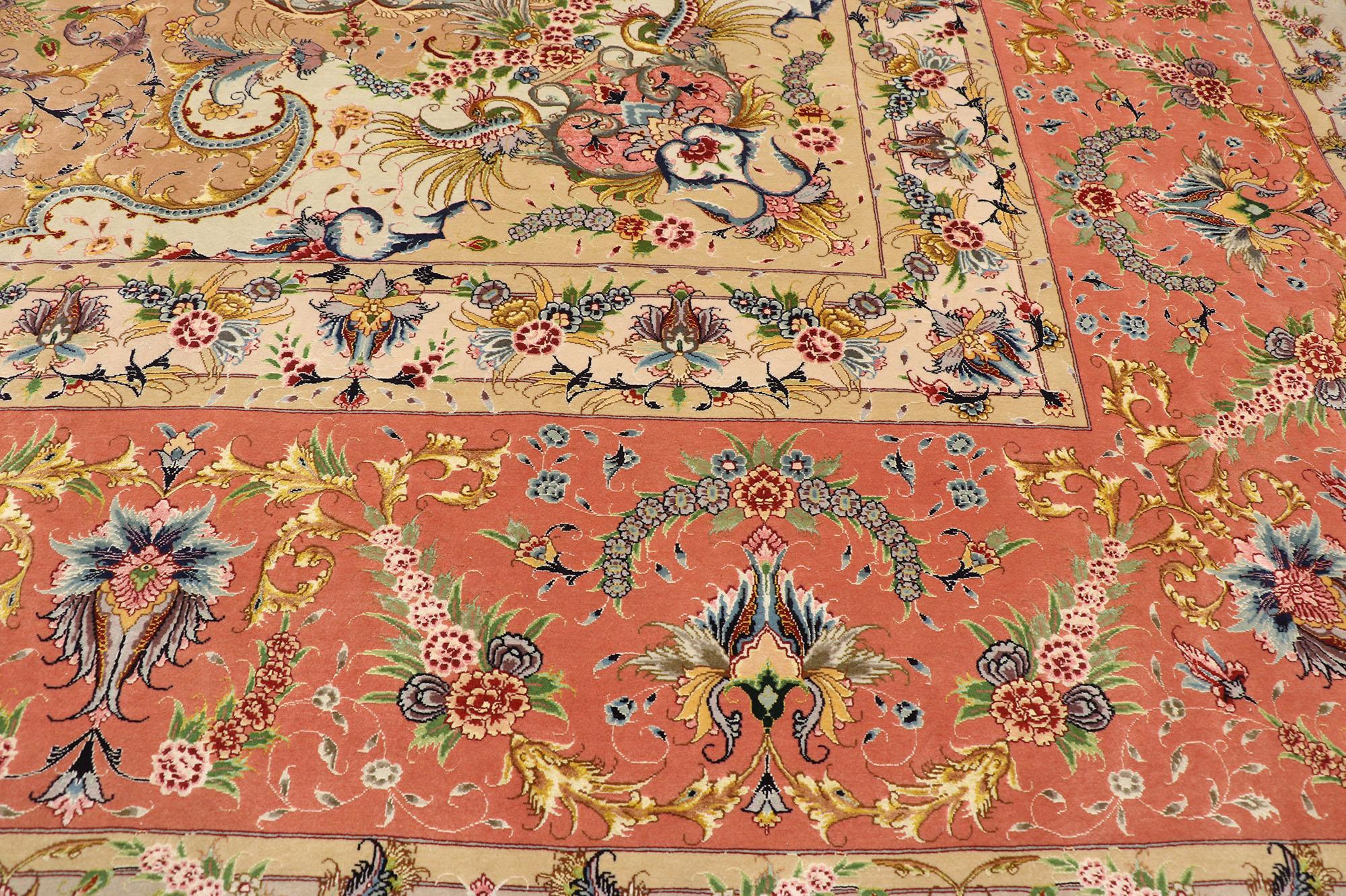 Rococo 1980s Signed Vintage Persian Shirfar Tabriz Palatial Wool and Silk Rug For Sale