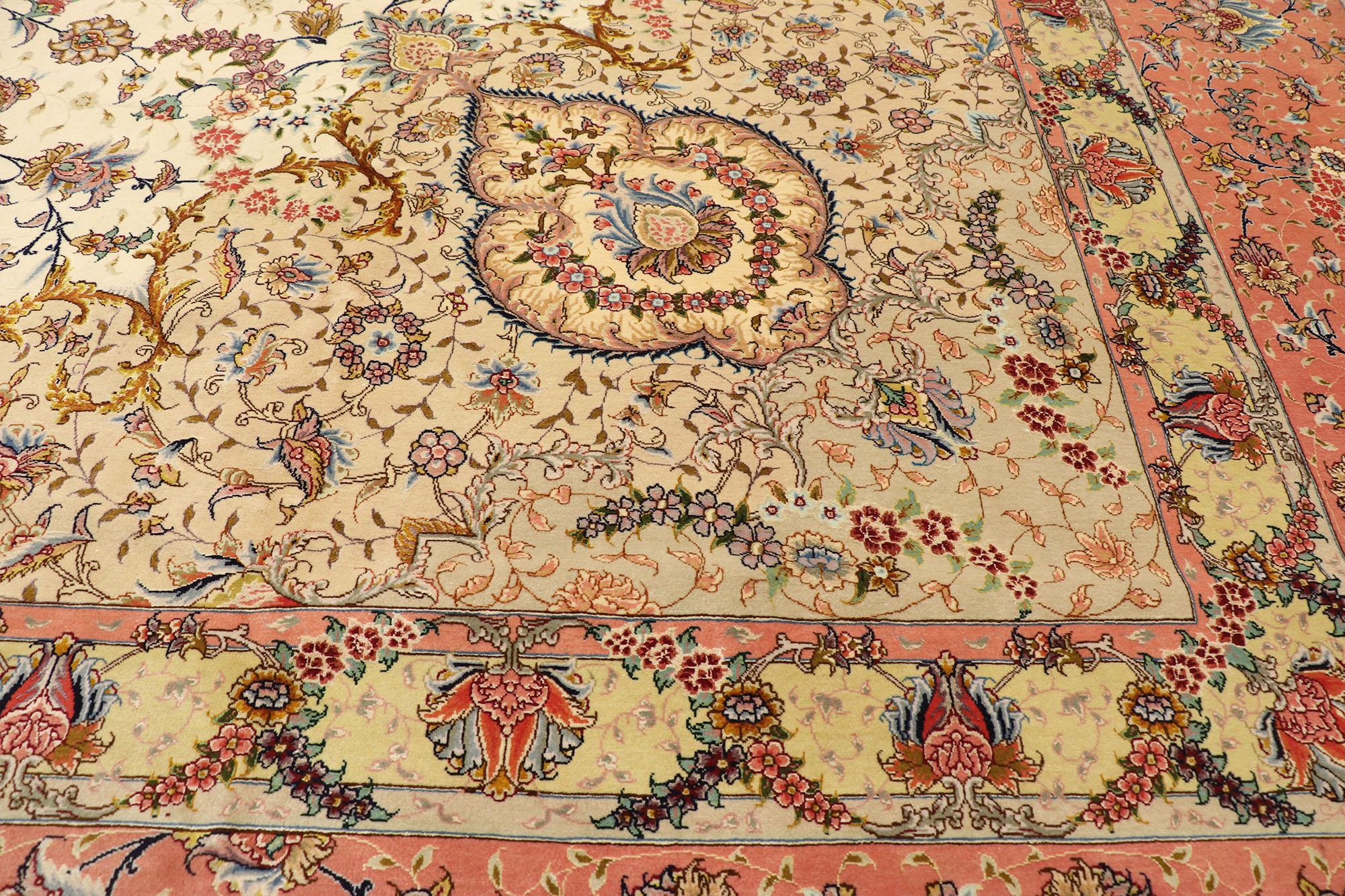 1980s Signed Persian Tabriz Wool and Silk Rug with French Rococo Pastels In Good Condition For Sale In Dallas, TX
