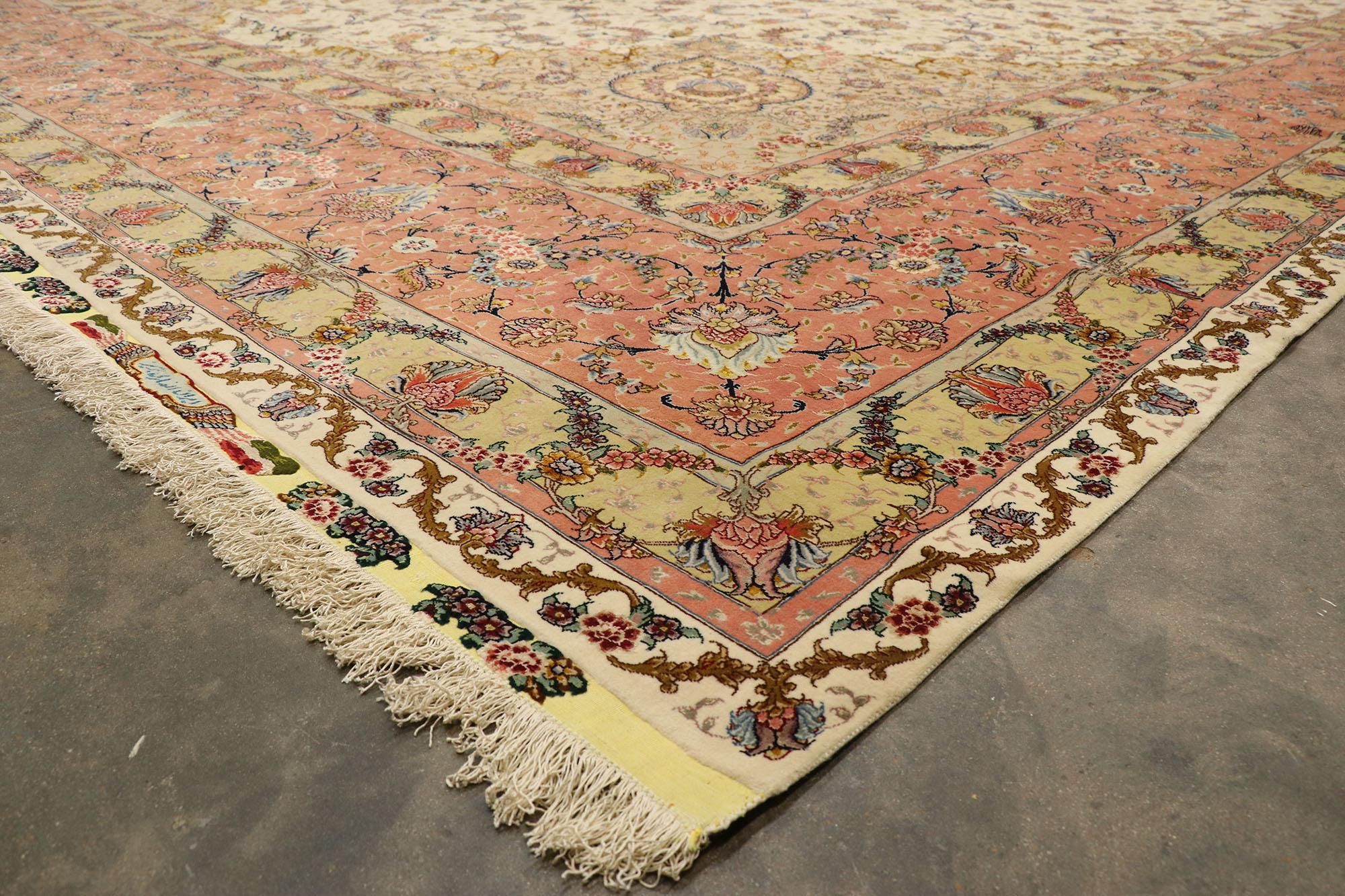 1980s Signed Persian Tabriz Wool and Silk Rug with French Rococo Pastels For Sale 1