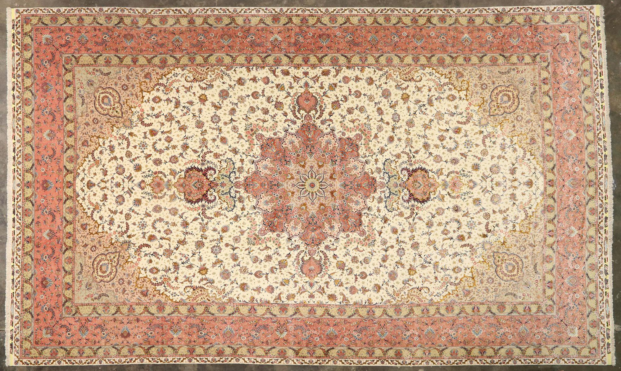 1980s Signed Persian Tabriz Wool and Silk Rug with French Rococo Pastels For Sale 2